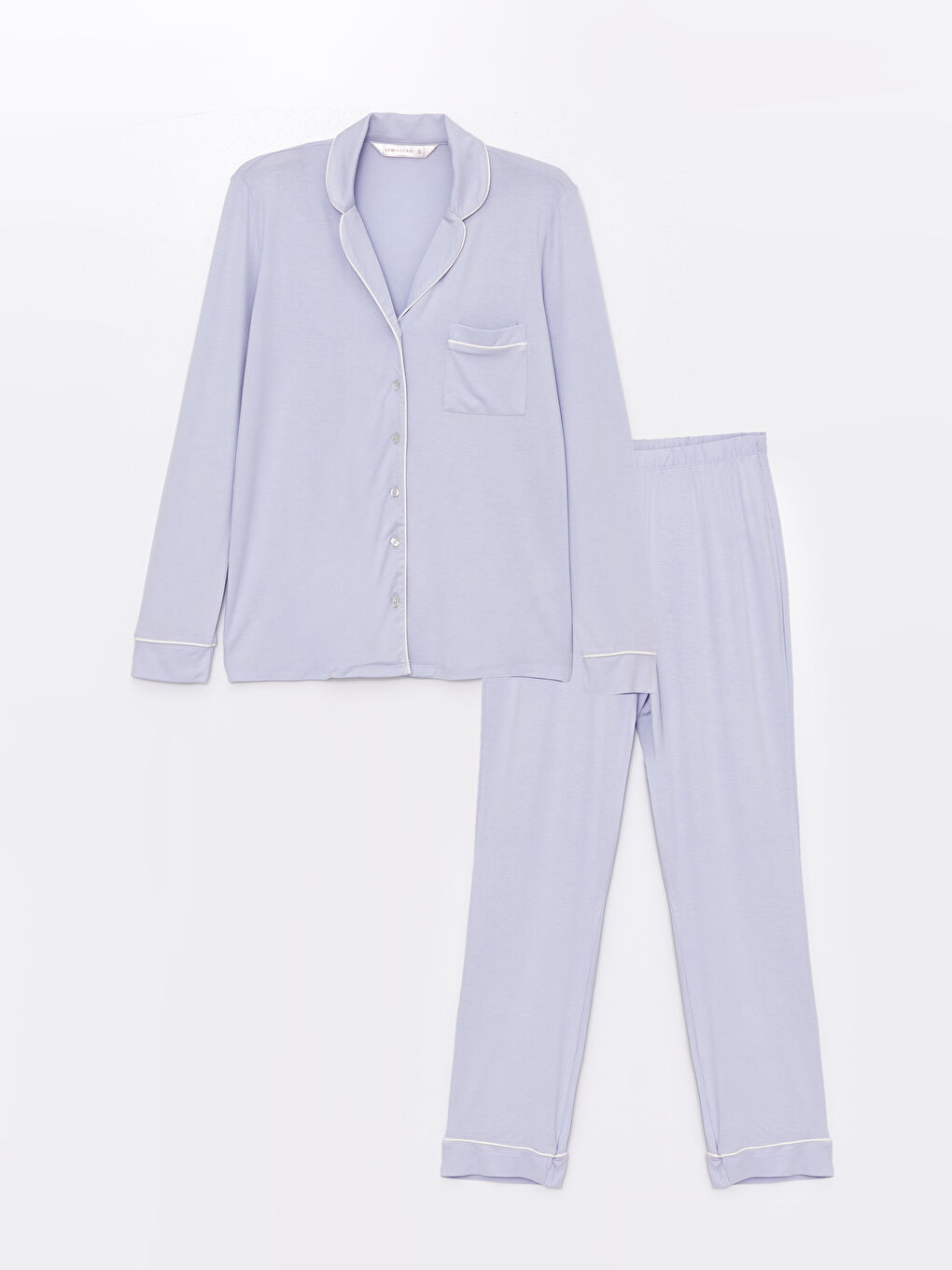 Mavi Gömlek Yaka Düz Uzun Kollu Kadın Pijama Takımı-4