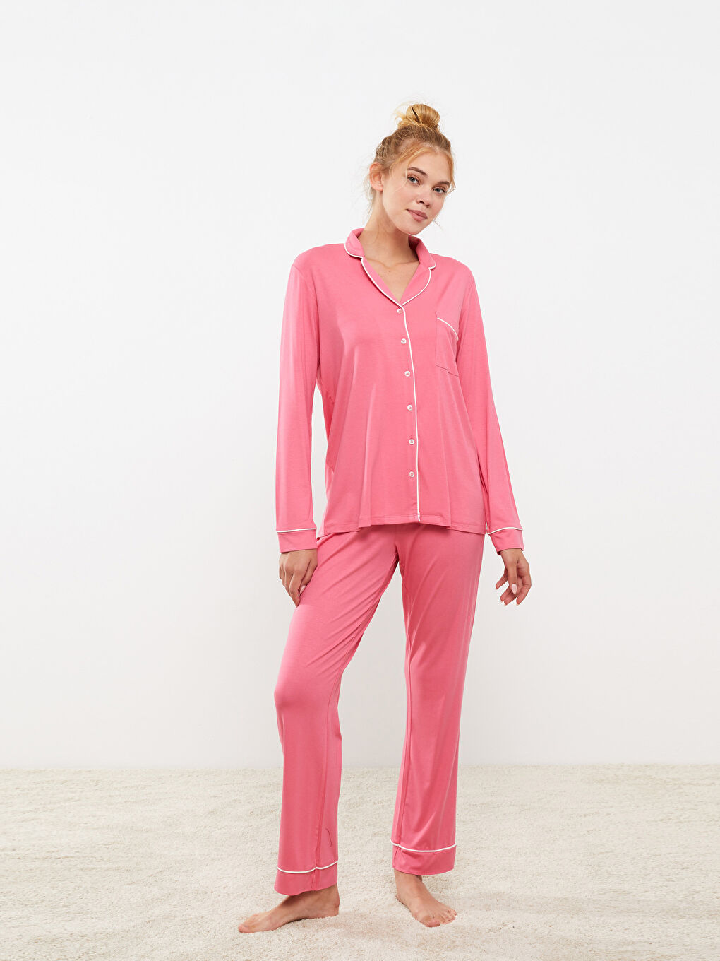 Pembe Gömlek Yaka Düz Uzun Kollu Kadın Pijama Takımı