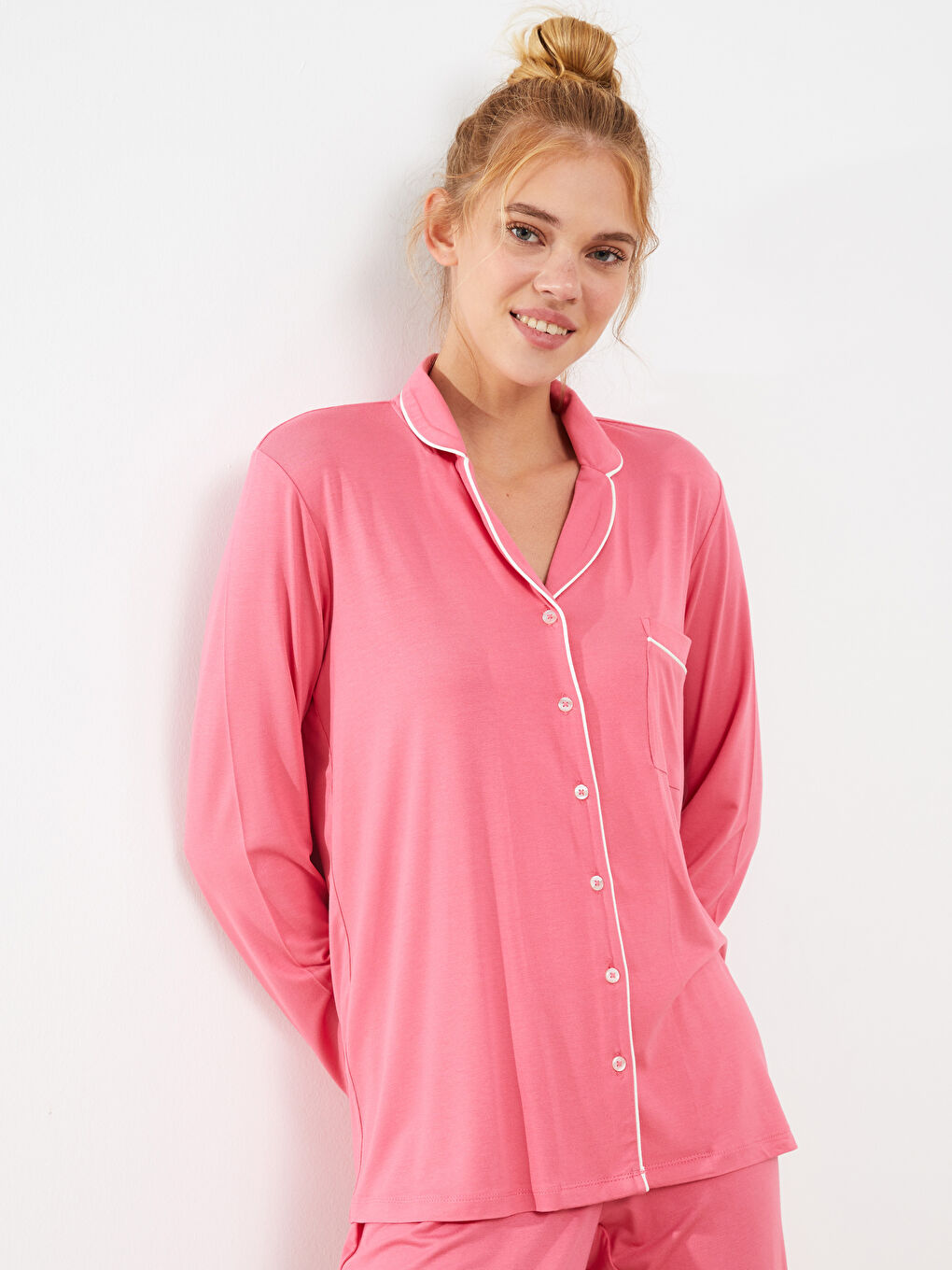 Pembe Gömlek Yaka Düz Uzun Kollu Kadın Pijama Takımı-1