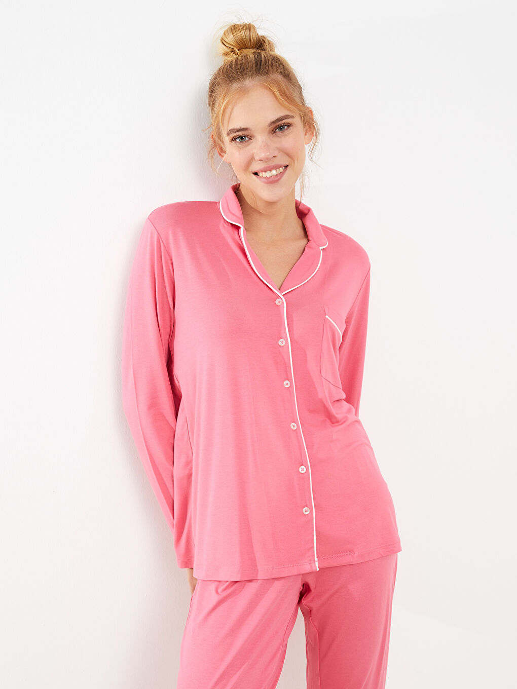 Pembe Gömlek Yaka Düz Uzun Kollu Kadın Pijama Takımı-2