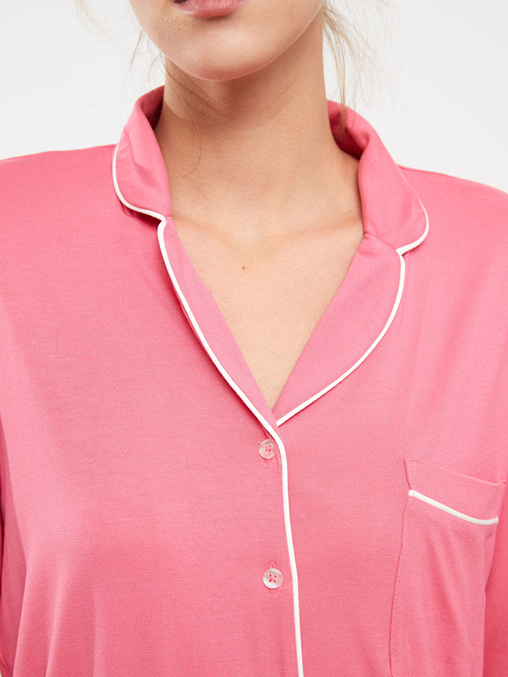 Pembe Gömlek Yaka Düz Uzun Kollu Kadın Pijama Takımı-3