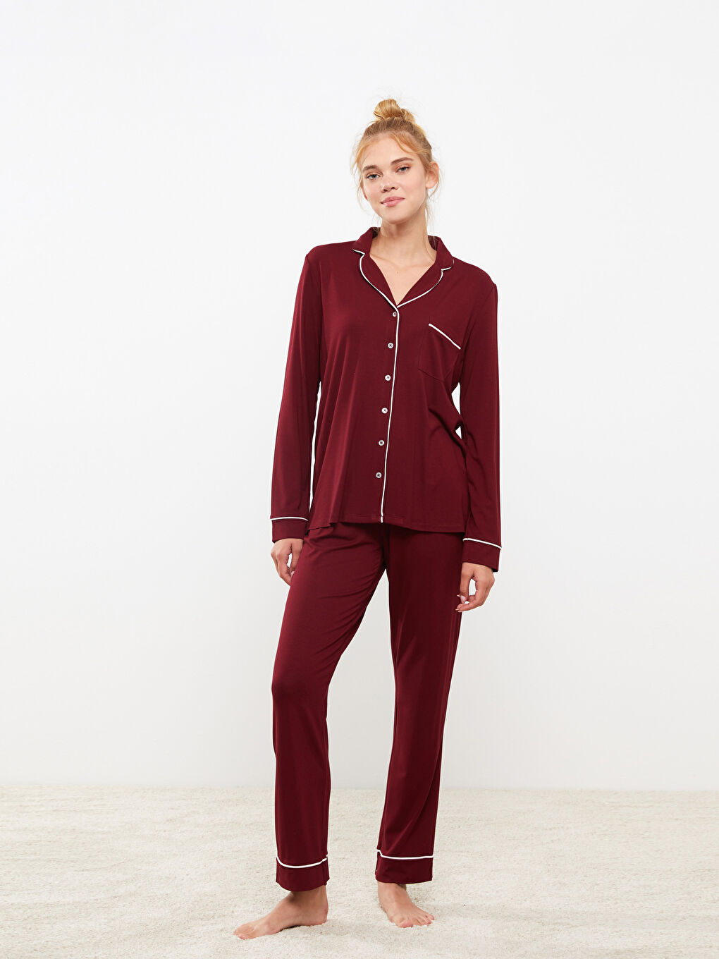 LCW DREAM Bordo Gömlek Yaka Düz Uzun Kollu Kadın Pijama Takımı