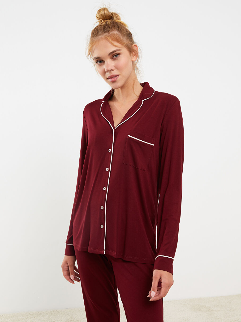 LCW DREAM Bordo Gömlek Yaka Düz Uzun Kollu Kadın Pijama Takımı - 1