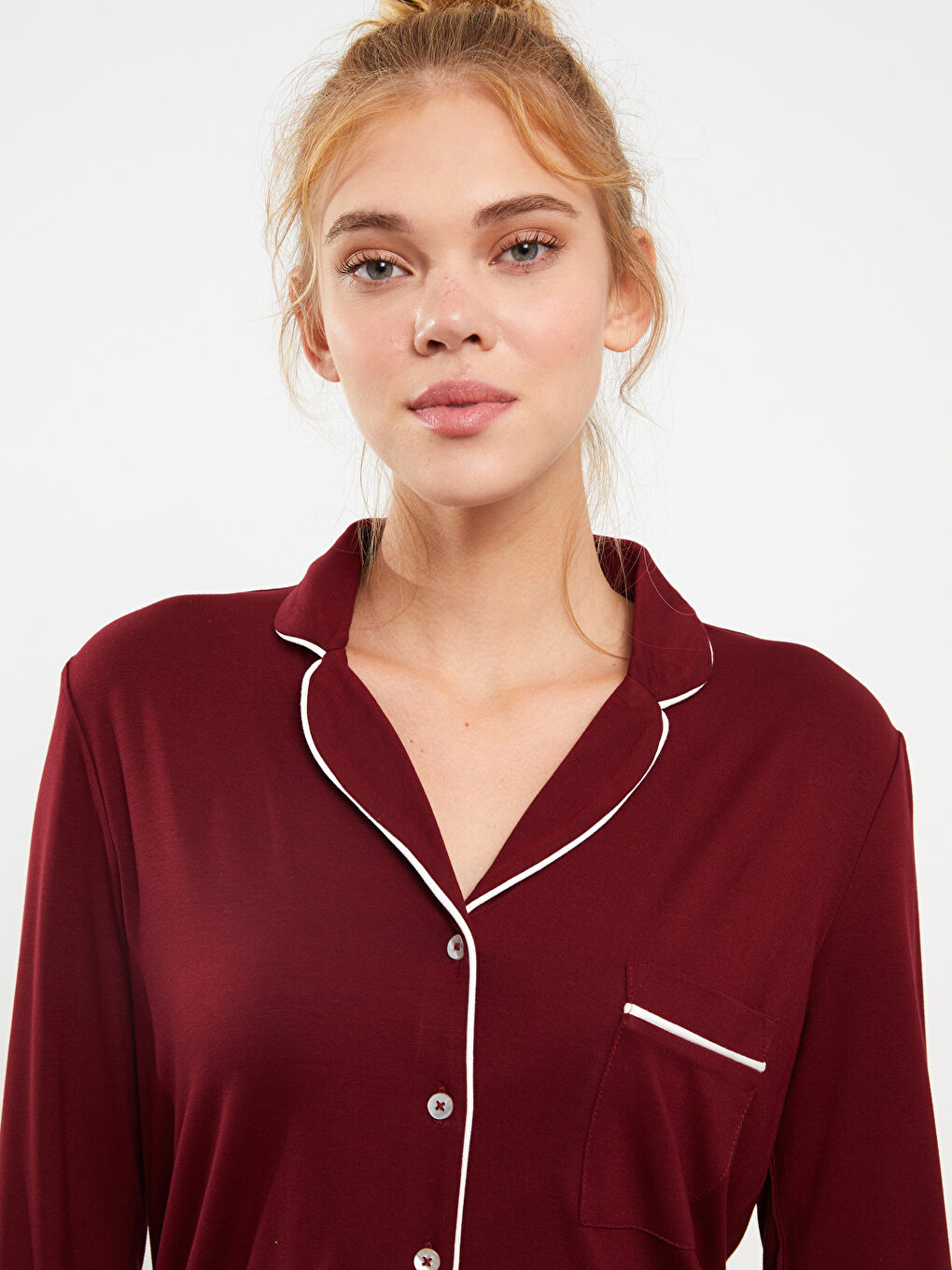 LCW DREAM Bordo Gömlek Yaka Düz Uzun Kollu Kadın Pijama Takımı - 2
