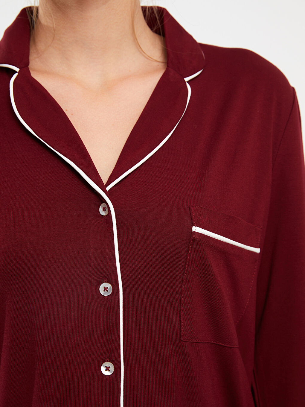 LCW DREAM Bordo Gömlek Yaka Düz Uzun Kollu Kadın Pijama Takımı - 3