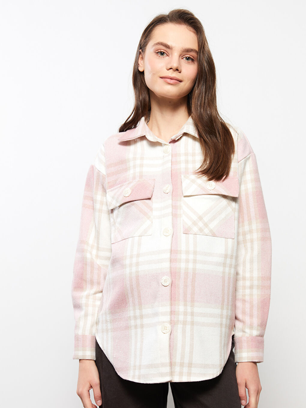 Pembe Ekose Uzun Kollu Flanel Hamile Oduncu Gömlek Ceket-1