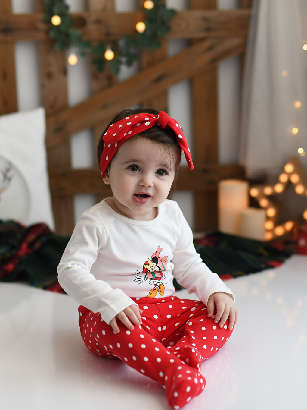 Ekru Bisiklet Yaka Uzun Kollu Minnie Mouse Baskılı Kız Bebek 3'lü Takım