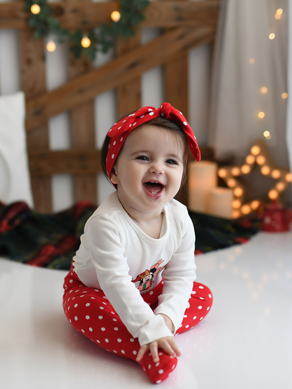 Ekru Bisiklet Yaka Uzun Kollu Minnie Mouse Baskılı Kız Bebek 3'lü Takım-1