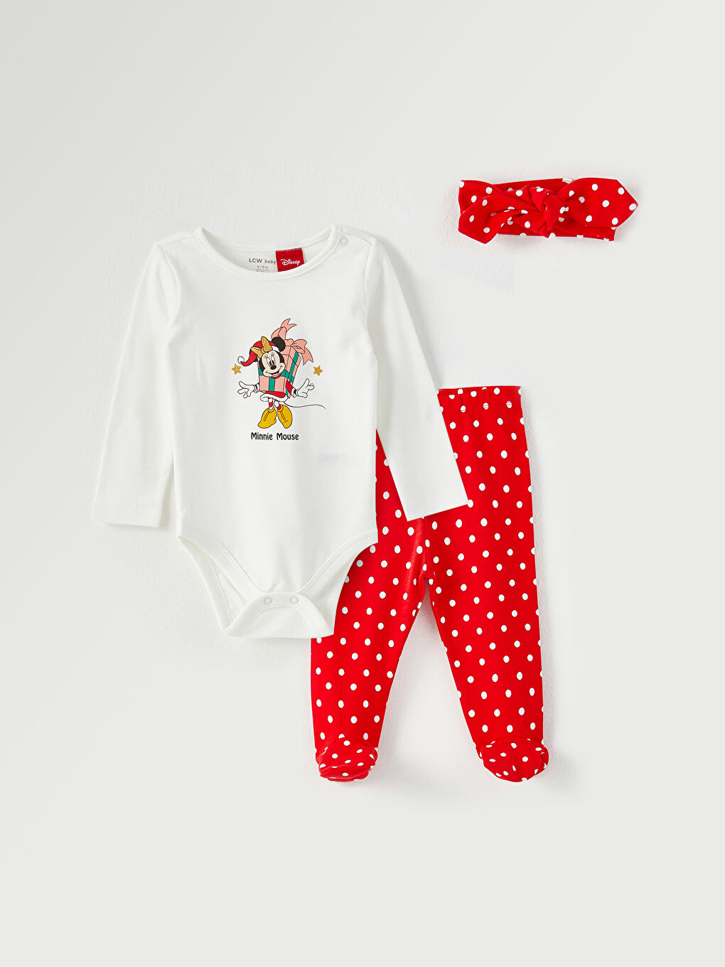 Ekru Bisiklet Yaka Uzun Kollu Minnie Mouse Baskılı Kız Bebek 3'lü Takım-3