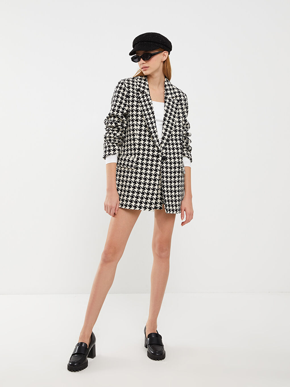 Siyah Kazayağı Desenli Uzun Kollu Kadın Tüvit Blazer Ceket-4