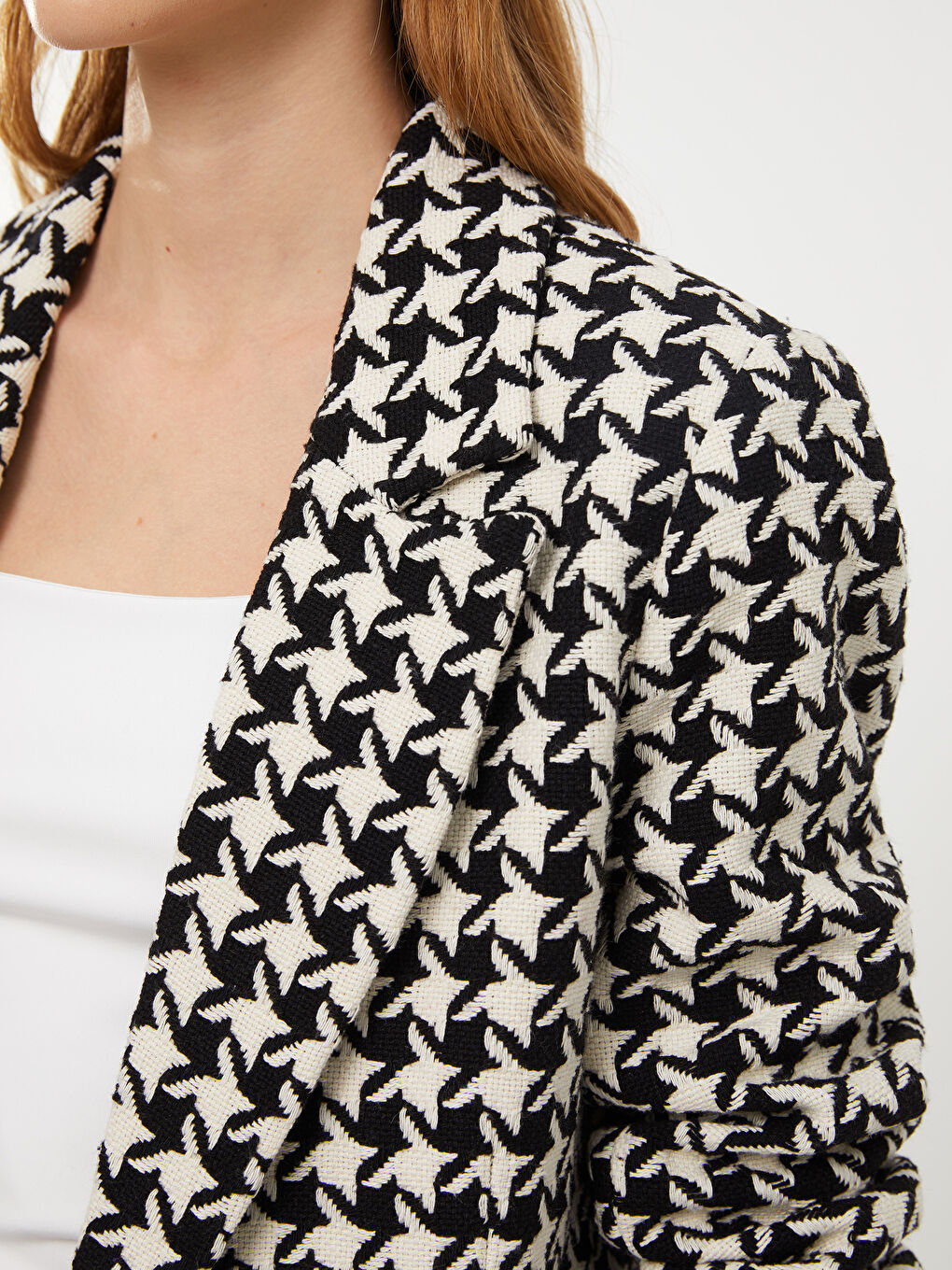Siyah Kazayağı Desenli Uzun Kollu Kadın Tüvit Blazer Ceket-6