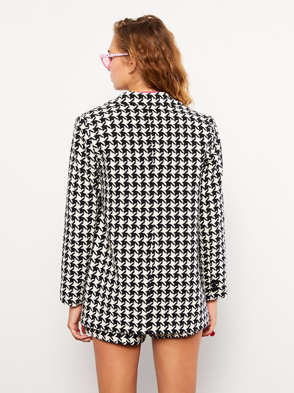 Siyah Kazayağı Desenli Uzun Kollu Kadın Tüvit Blazer Ceket-9