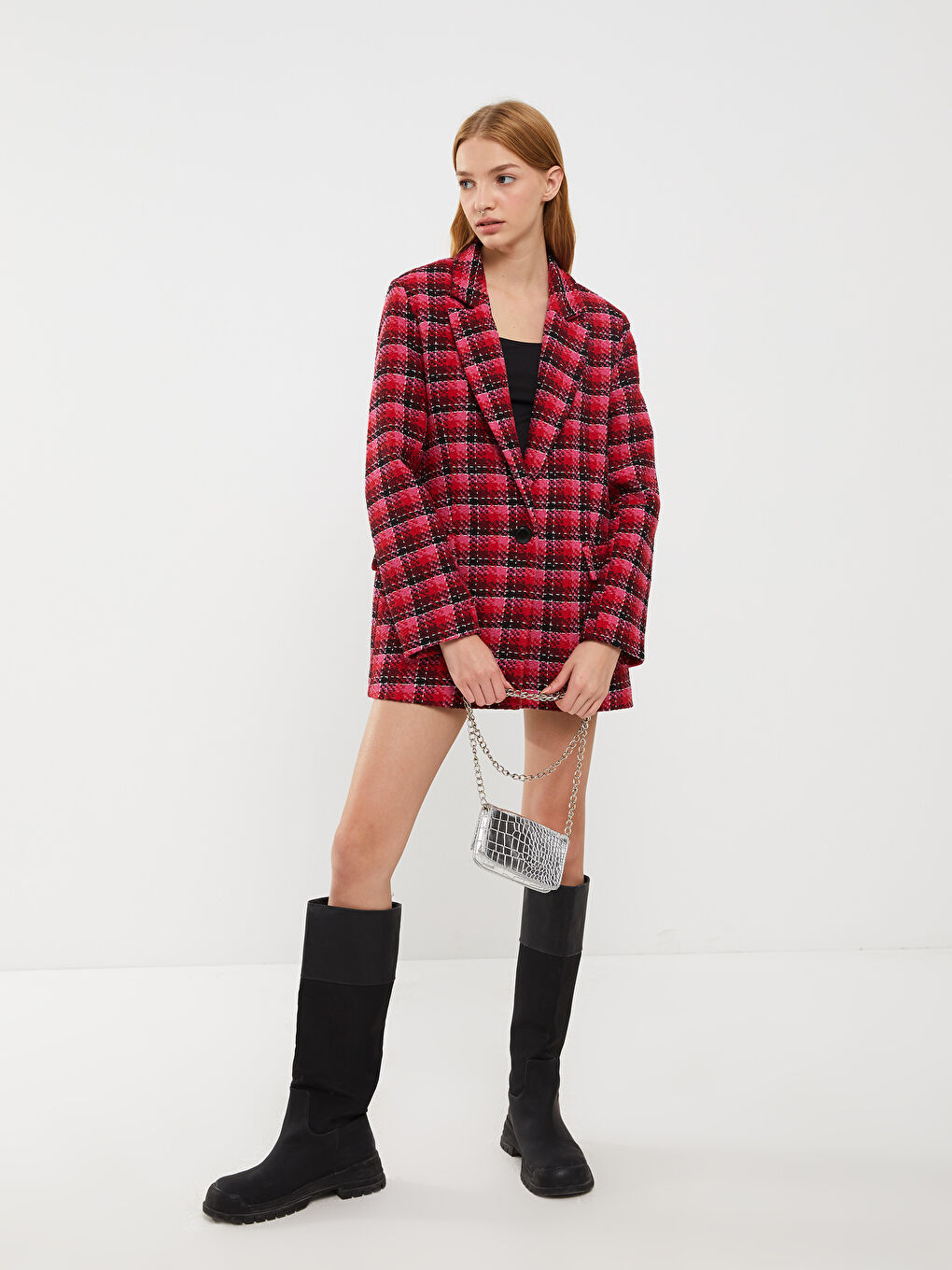 Plaid Long Sleeve Tweed Women's Blazer Jacket