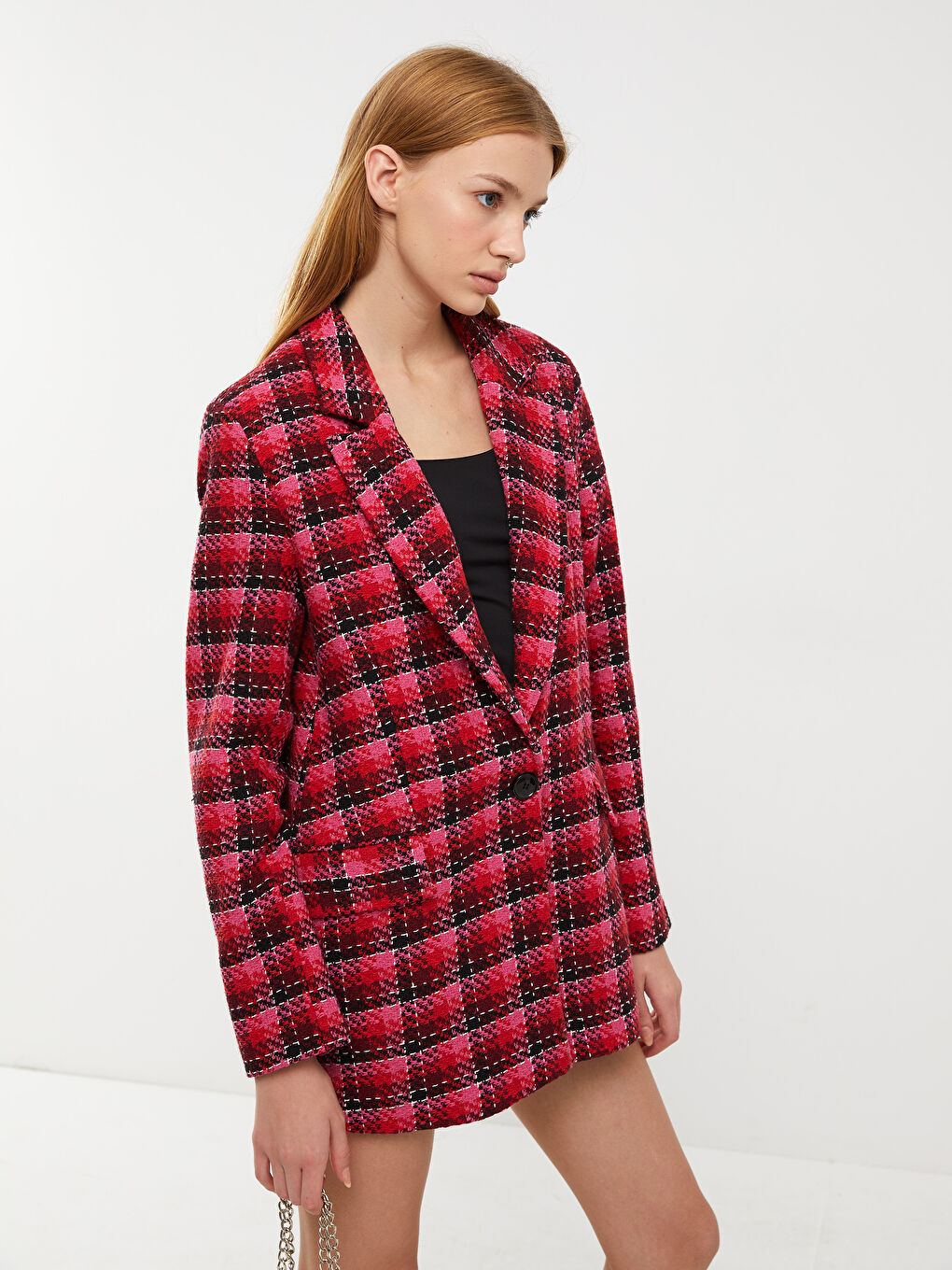 Plaid Long Sleeve Tweed Women's Blazer Jacket-1