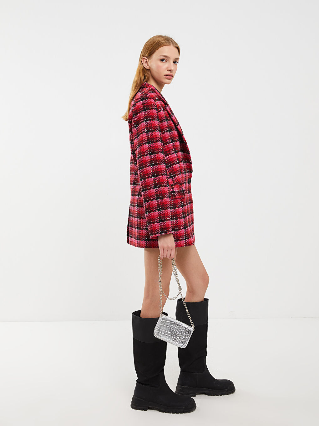 Plaid Long Sleeve Tweed Women's Blazer Jacket-2