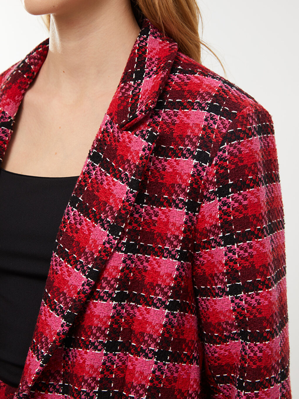 Plaid Long Sleeve Tweed Women's Blazer Jacket-3