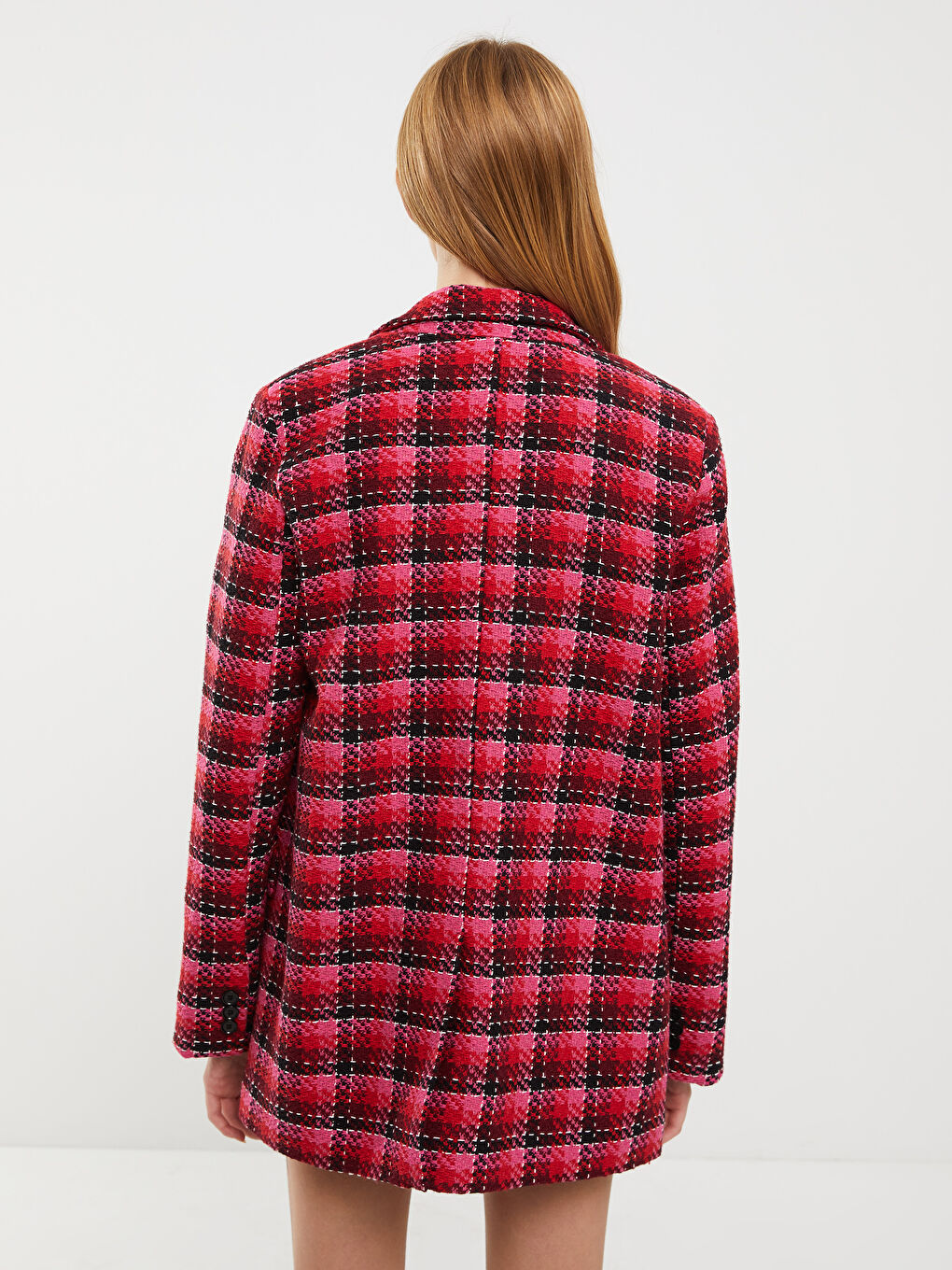 Plaid Long Sleeve Tweed Women's Blazer Jacket-4