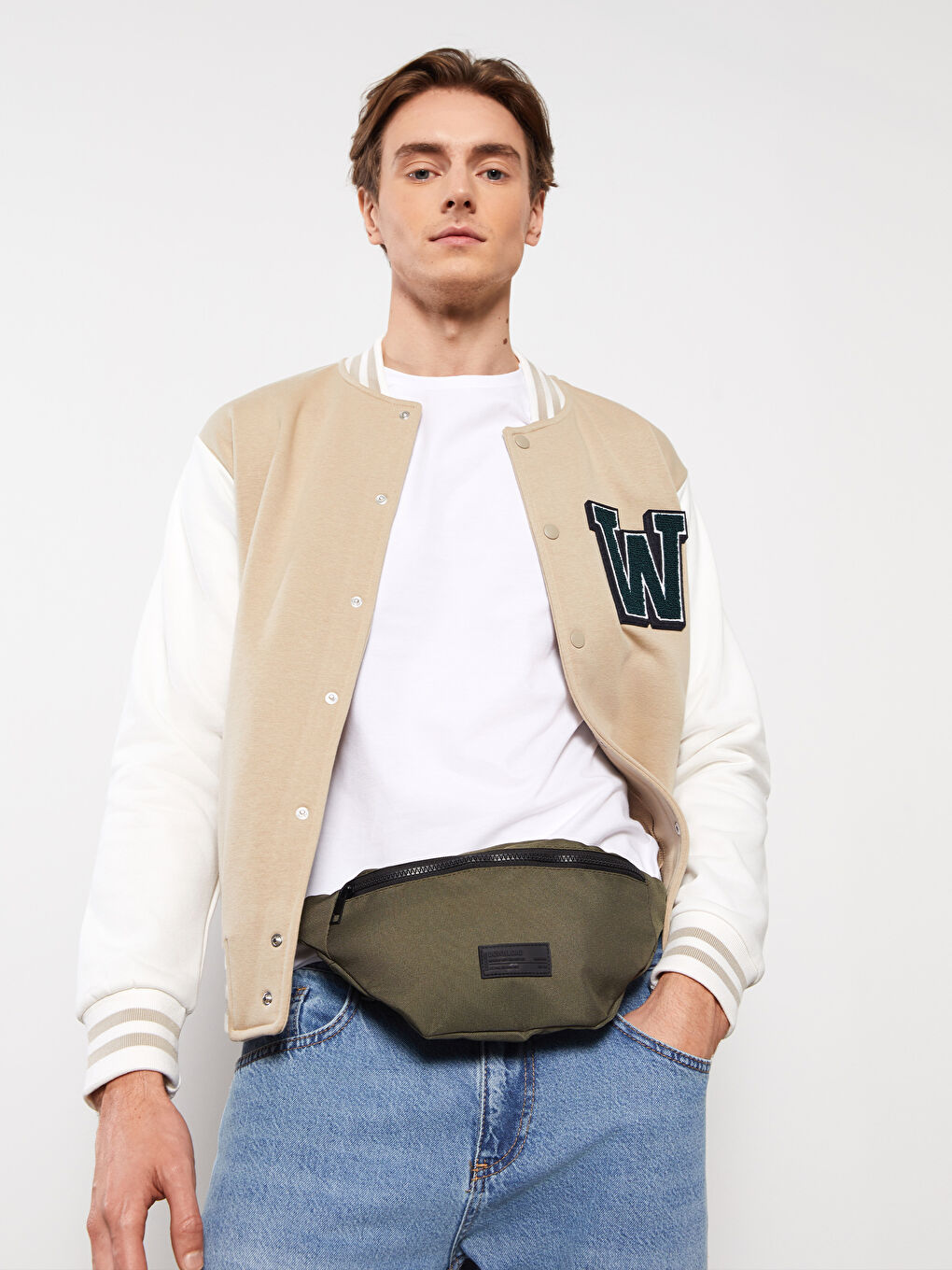Haki Etiket Detaylı Erkek Bel Çantası-2