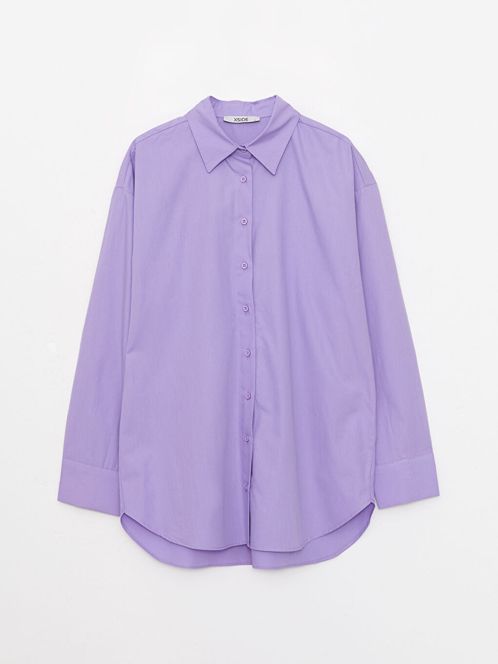 Lila Önden Düğme Kapamalı Düz Uzun Kollu Poplin Kadın Gömlek-5