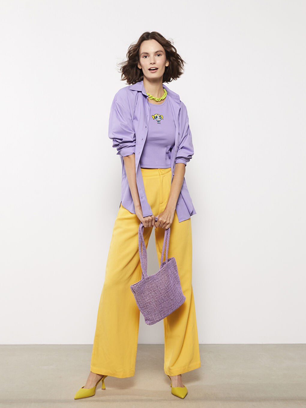 Lila Önden Düğme Kapamalı Düz Uzun Kollu Poplin Kadın Gömlek