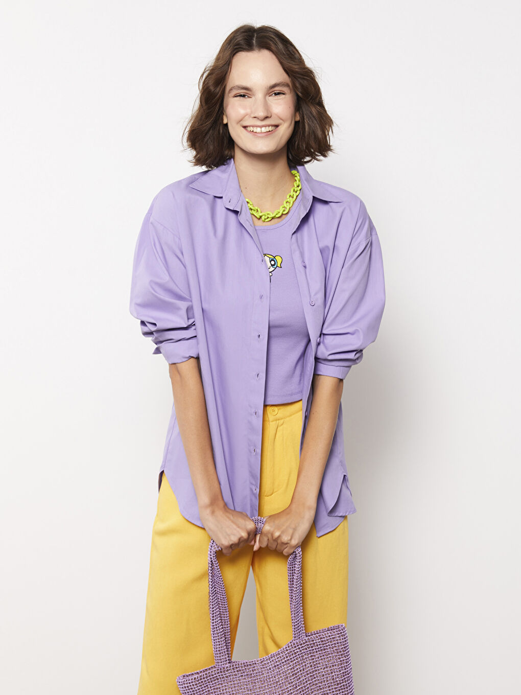 Lila Önden Düğme Kapamalı Düz Uzun Kollu Poplin Kadın Gömlek-1