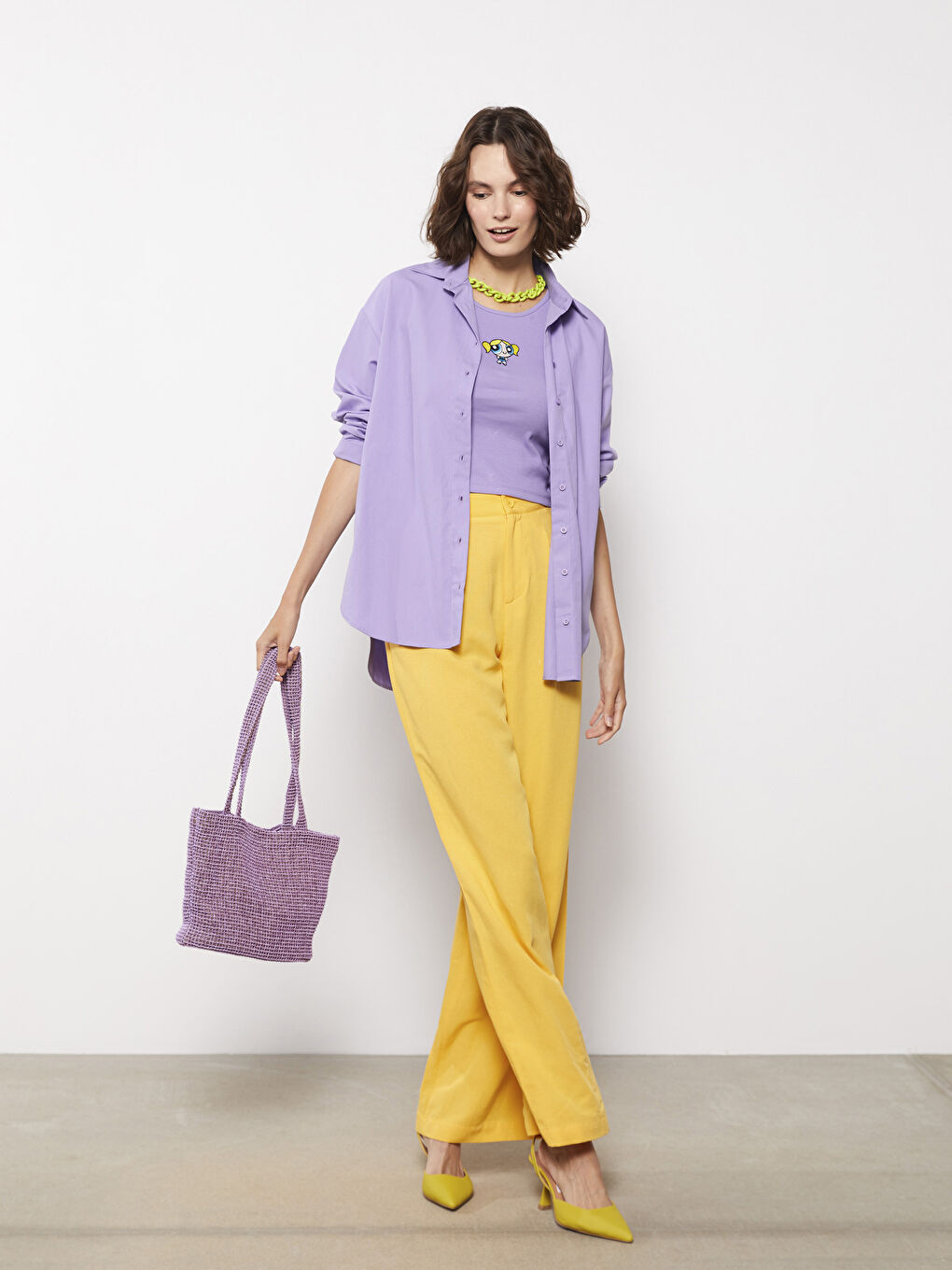 Lila Önden Düğme Kapamalı Düz Uzun Kollu Poplin Kadın Gömlek-2