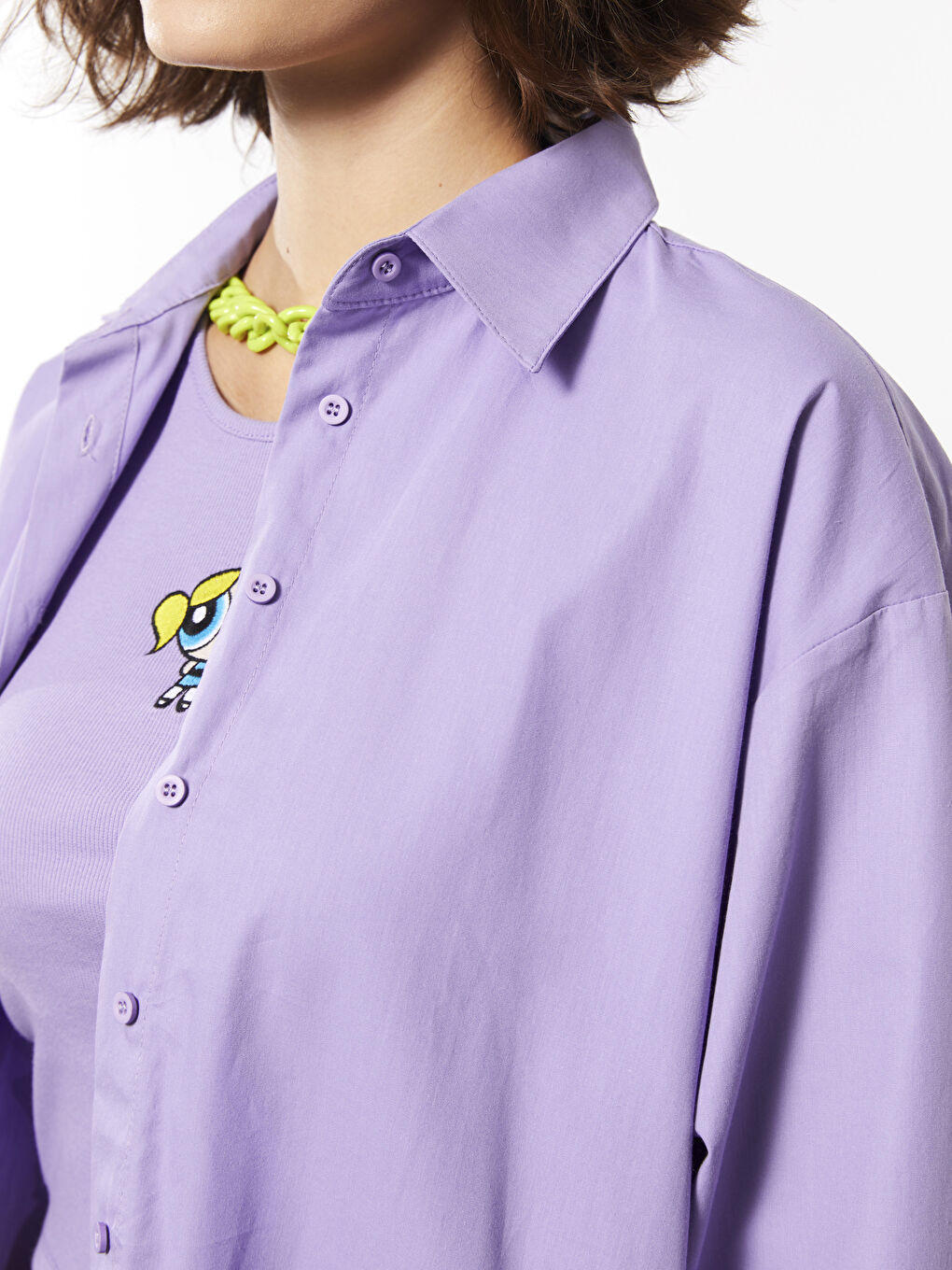 Lila Önden Düğme Kapamalı Düz Uzun Kollu Poplin Kadın Gömlek-3