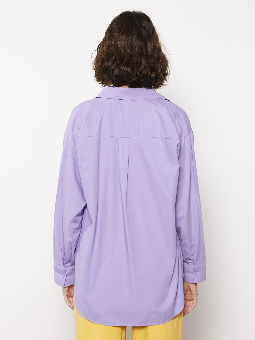 Lila Önden Düğme Kapamalı Düz Uzun Kollu Poplin Kadın Gömlek-4