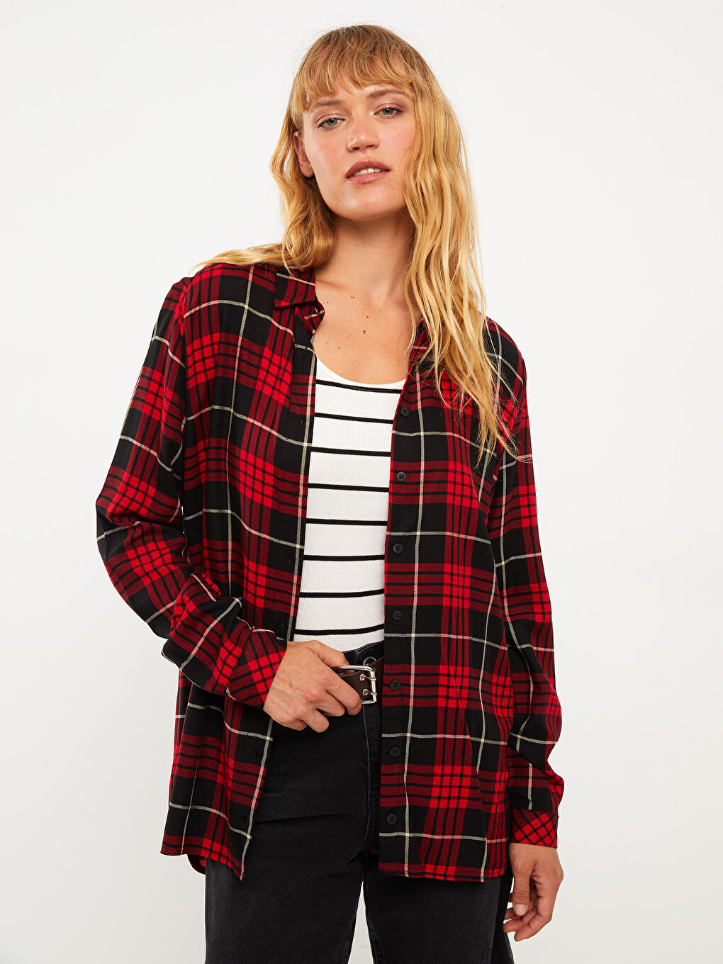 Chemise à Carreaux Boutonnée à Manches Longues en Viscose pour Femmes