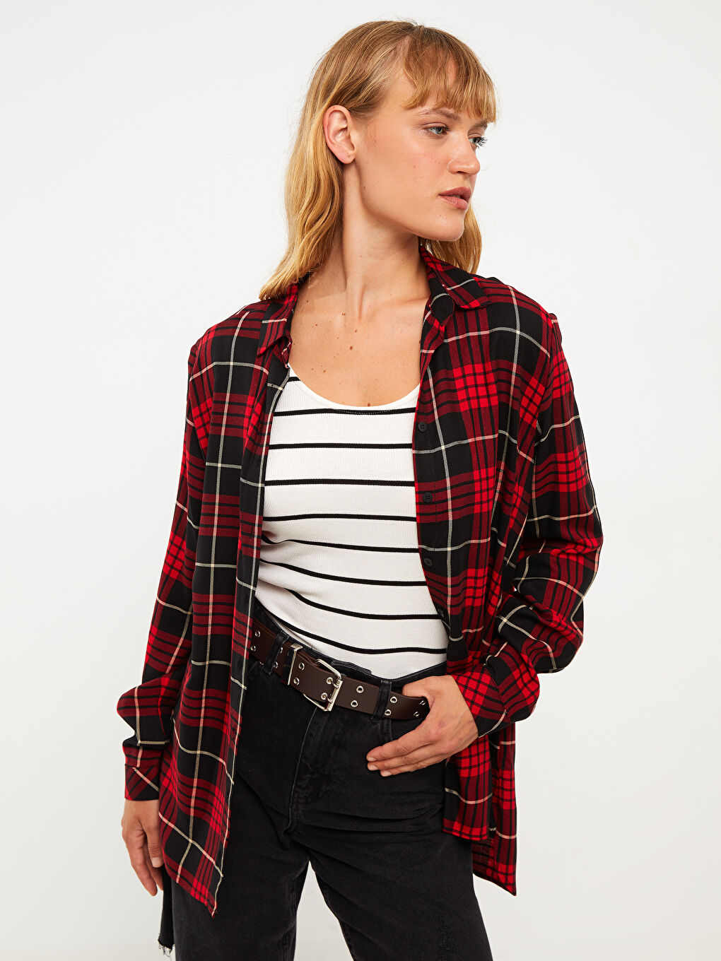 Chemise à Carreaux Boutonnée à Manches Longues en Viscose pour Femmes-1