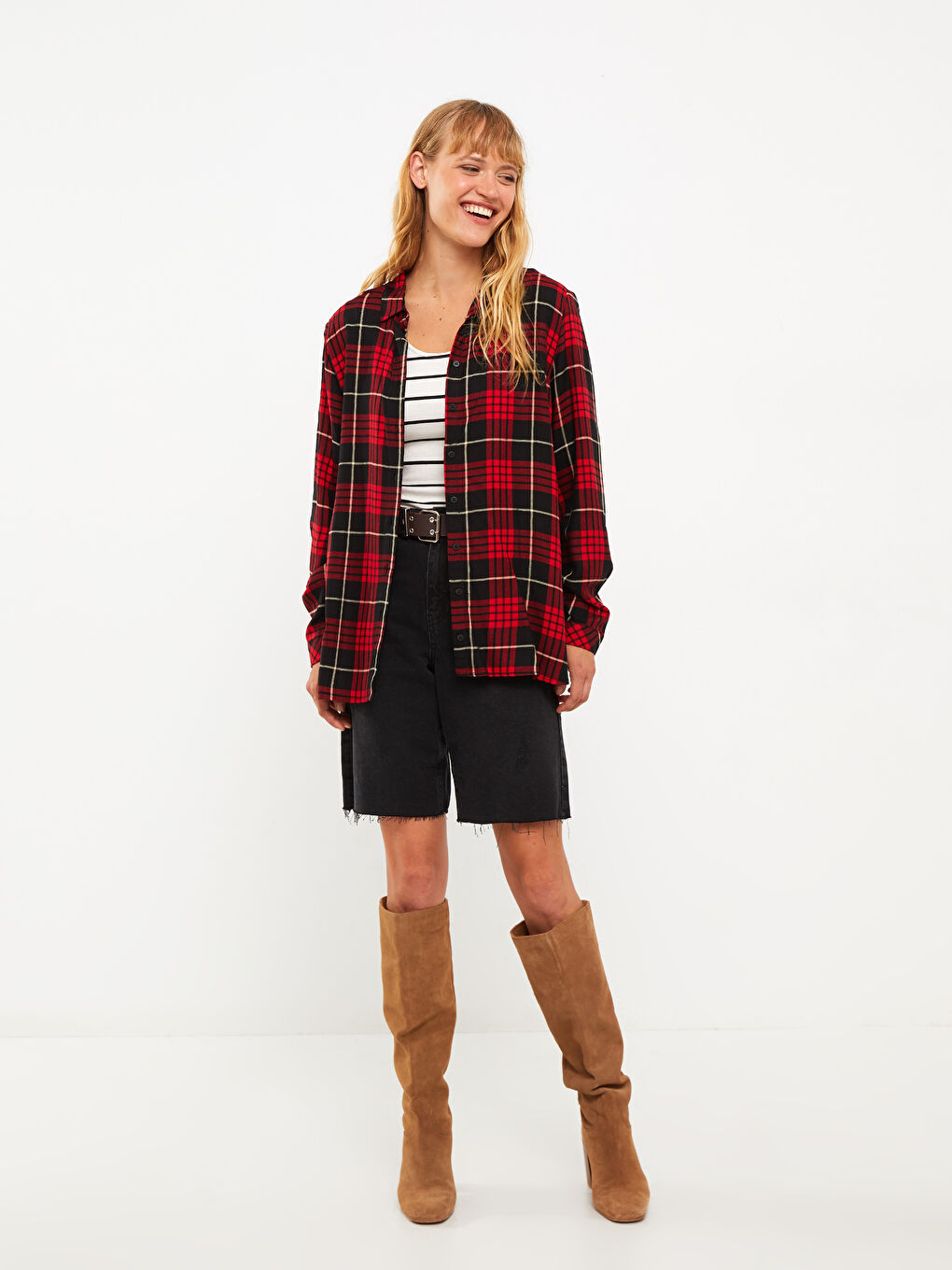 Chemise à Carreaux Boutonnée à Manches Longues en Viscose pour Femmes-2