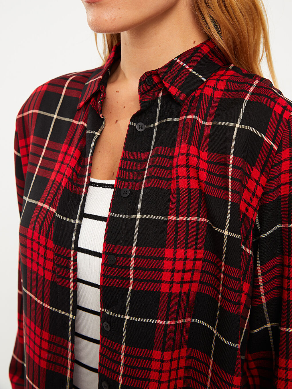 Chemise à Carreaux Boutonnée à Manches Longues en Viscose pour Femmes-3