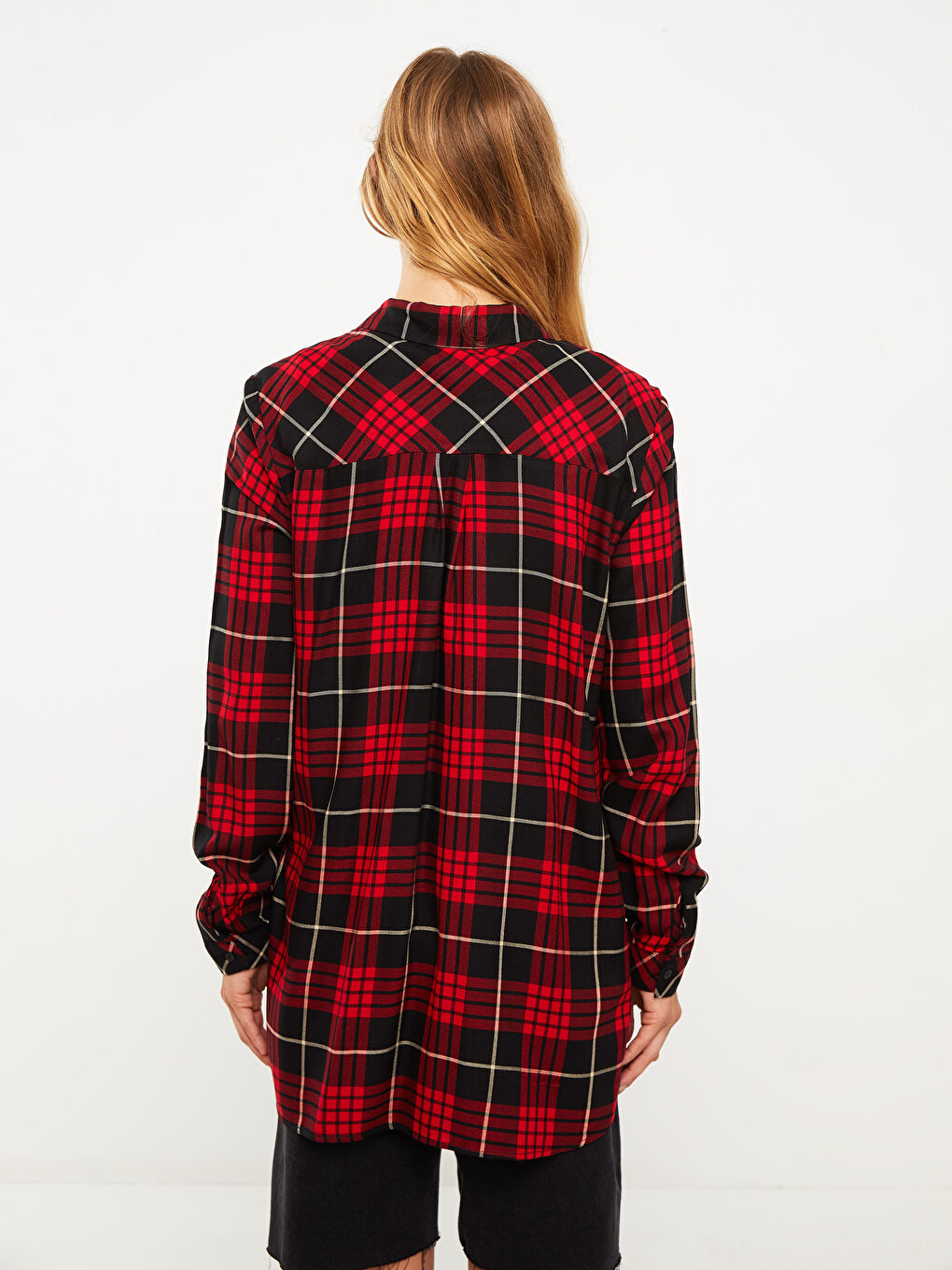 Chemise à Carreaux Boutonnée à Manches Longues en Viscose pour Femmes-4