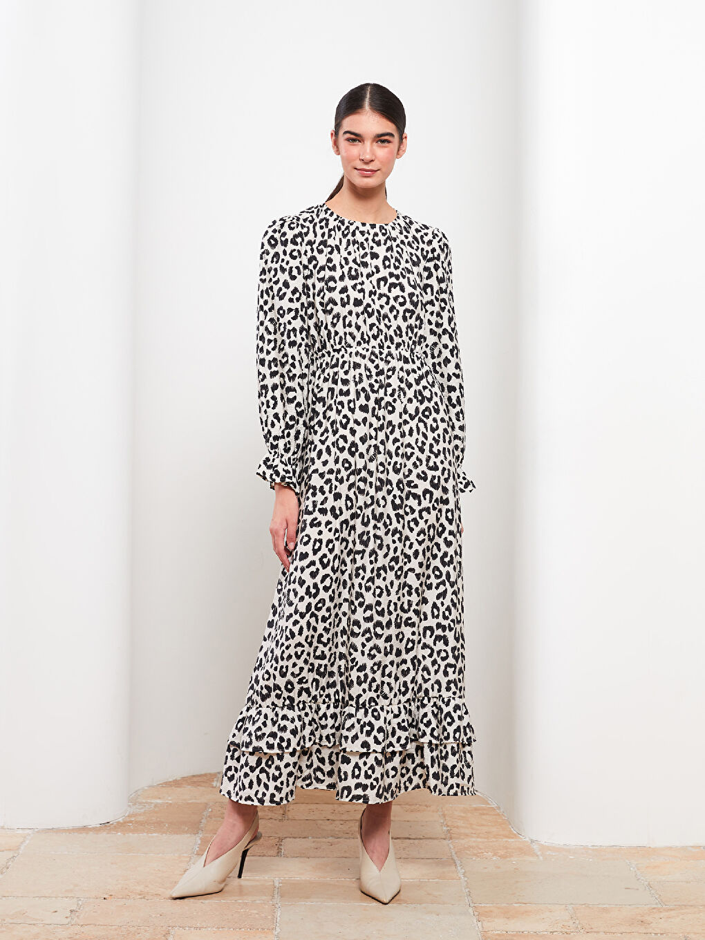 Crew Neck Patterned Long Sleeve Women's Dress-1