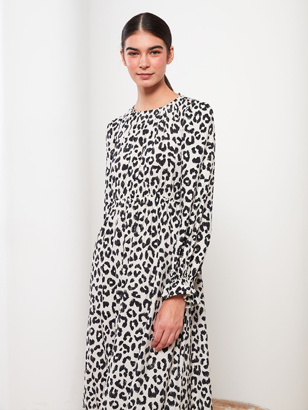 Crew Neck Patterned Long Sleeve Women's Dress-2