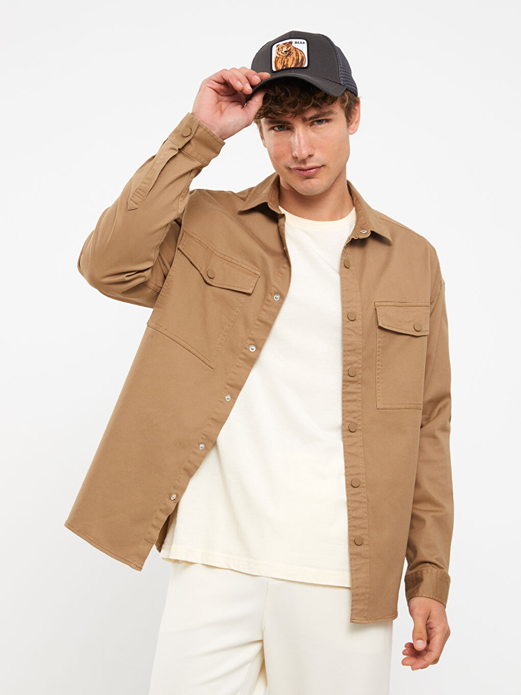 Relaxed Fit Long Sleeve Twill Men's Shirt Jacket