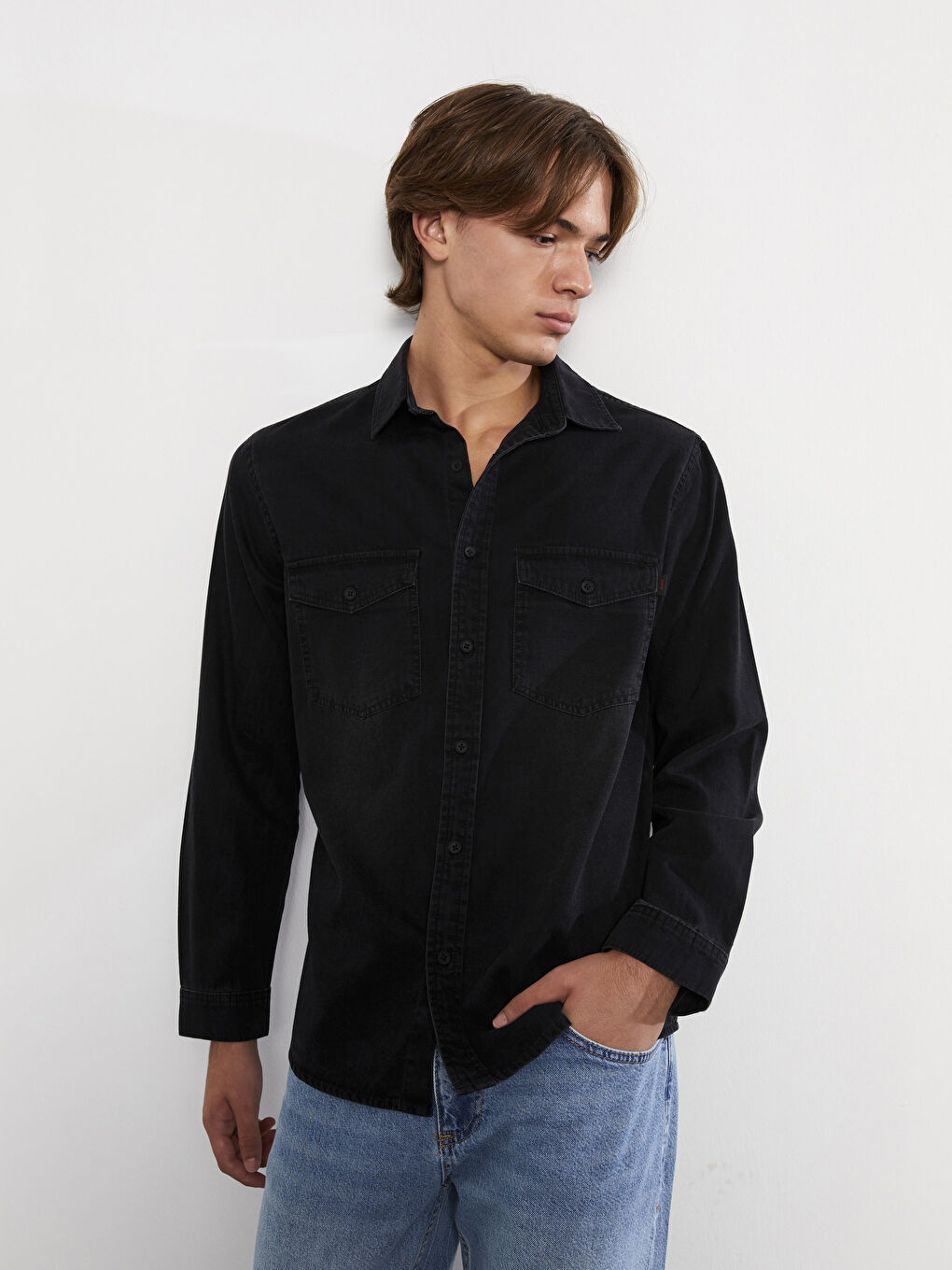 Regular Fit Long Sleeve Men's Denim Shirt-1