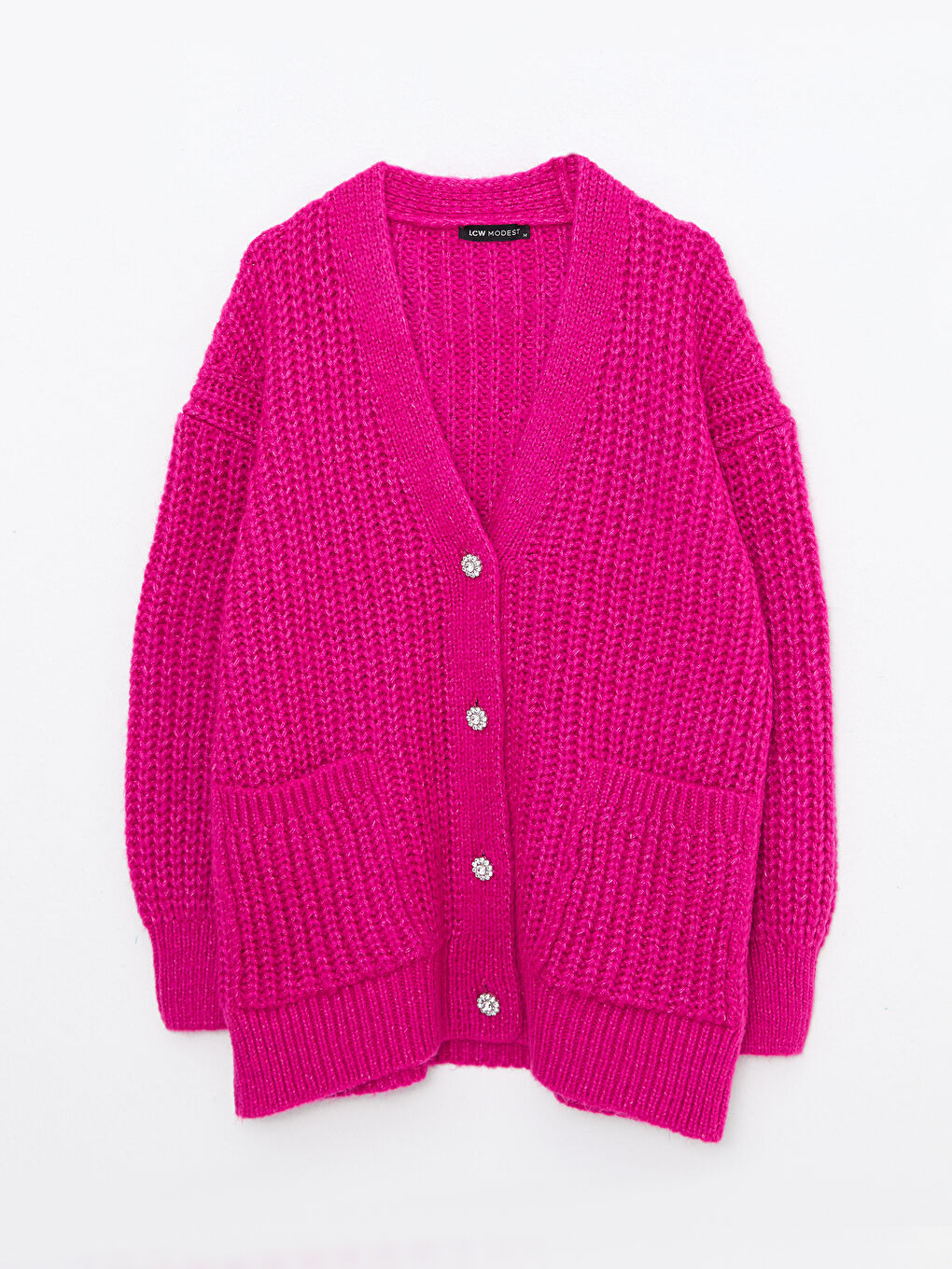 LCW Modest Pembe V Yaka Oversize Kadın Triko Hırka - 5