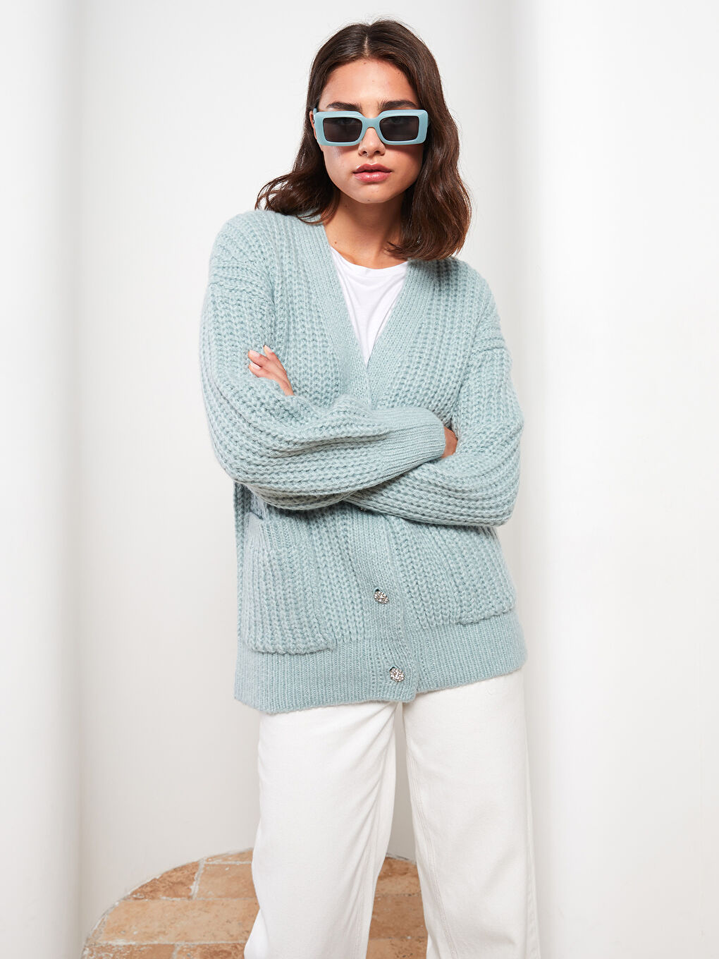 Yeşil V Yaka Oversize Kadın Triko Hırka