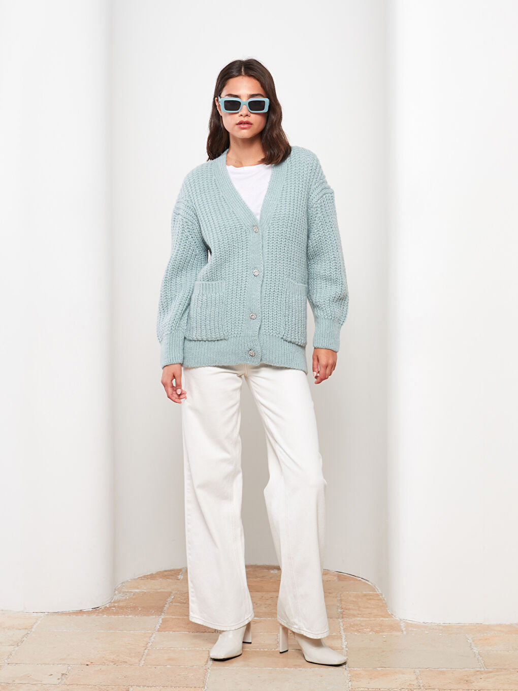 Yeşil V Yaka Oversize Kadın Triko Hırka-1