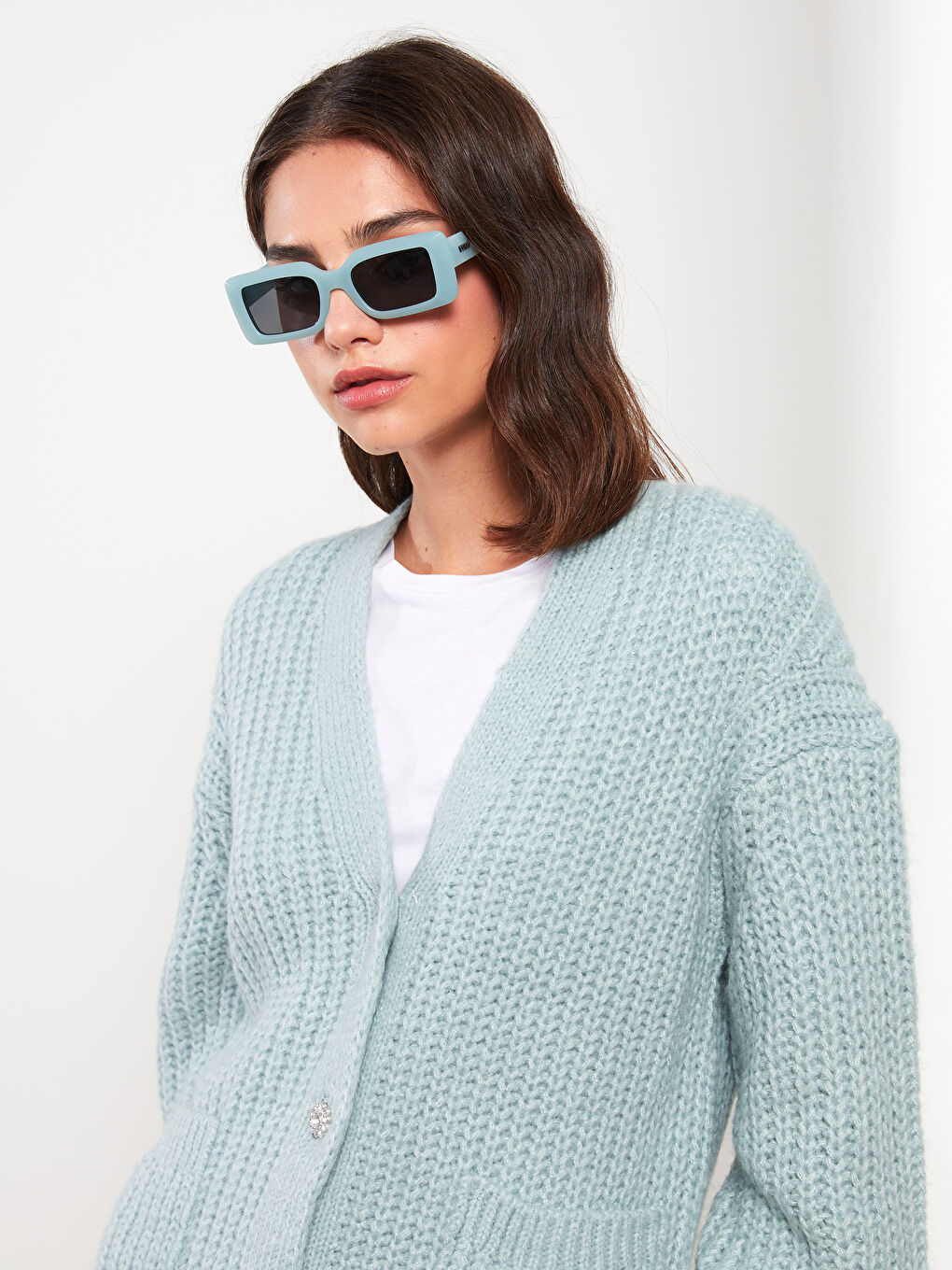 Yeşil V Yaka Oversize Kadın Triko Hırka-2