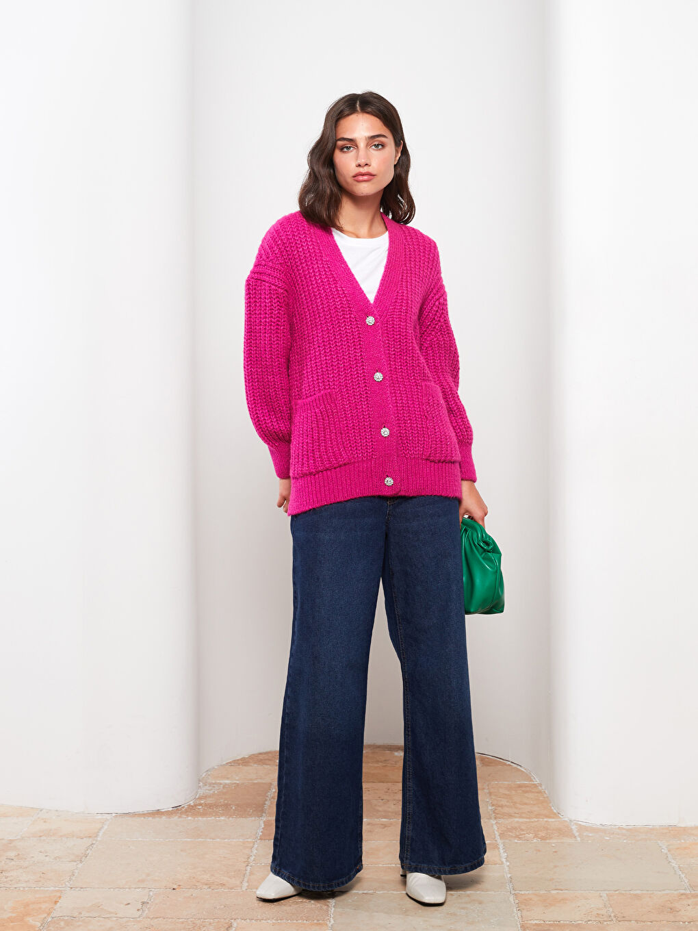 LCW Modest Pembe V Yaka Oversize Kadın Triko Hırka - 2