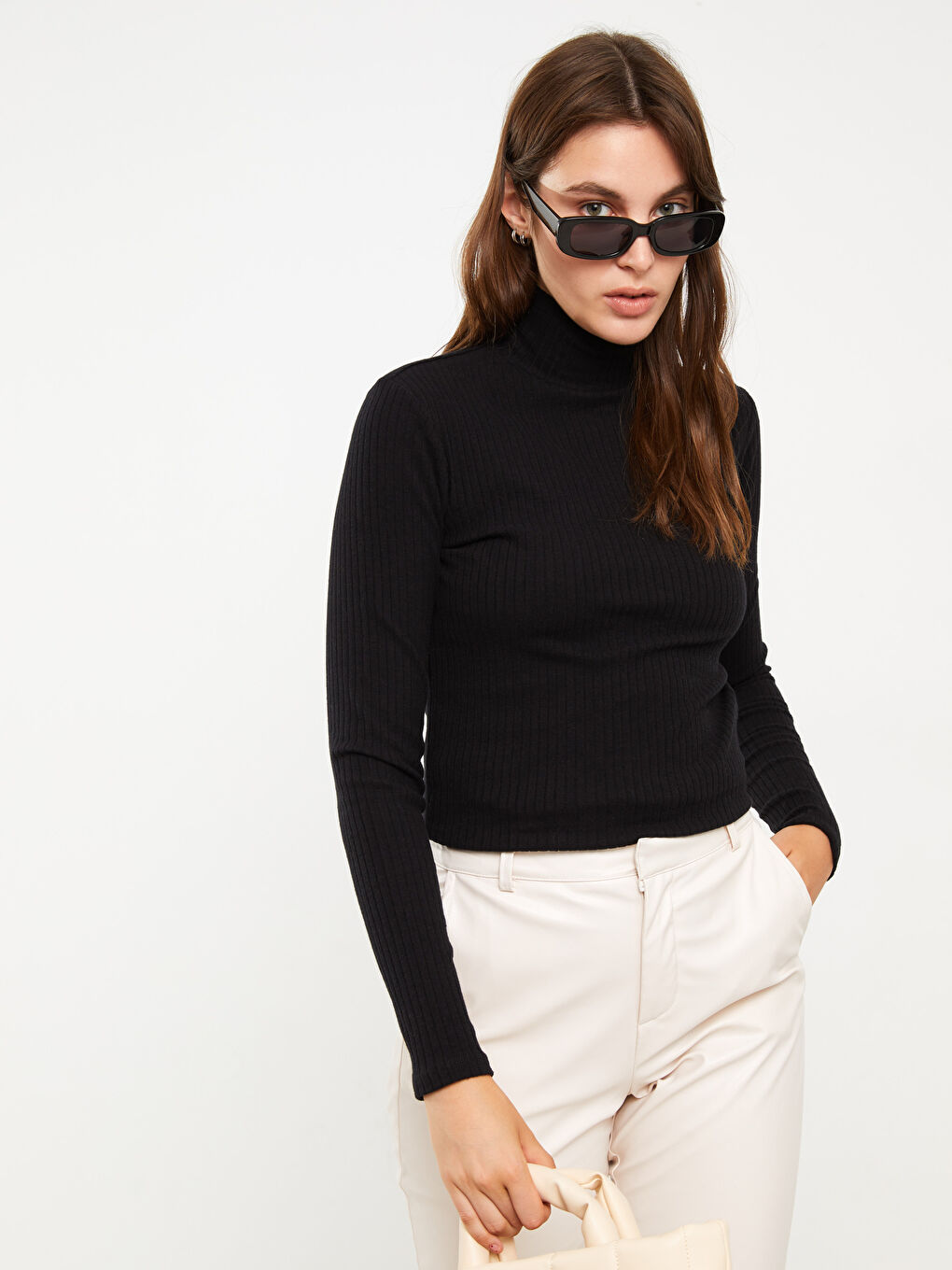 Funnel Neck Plain Long Sleeve Women's Body-1