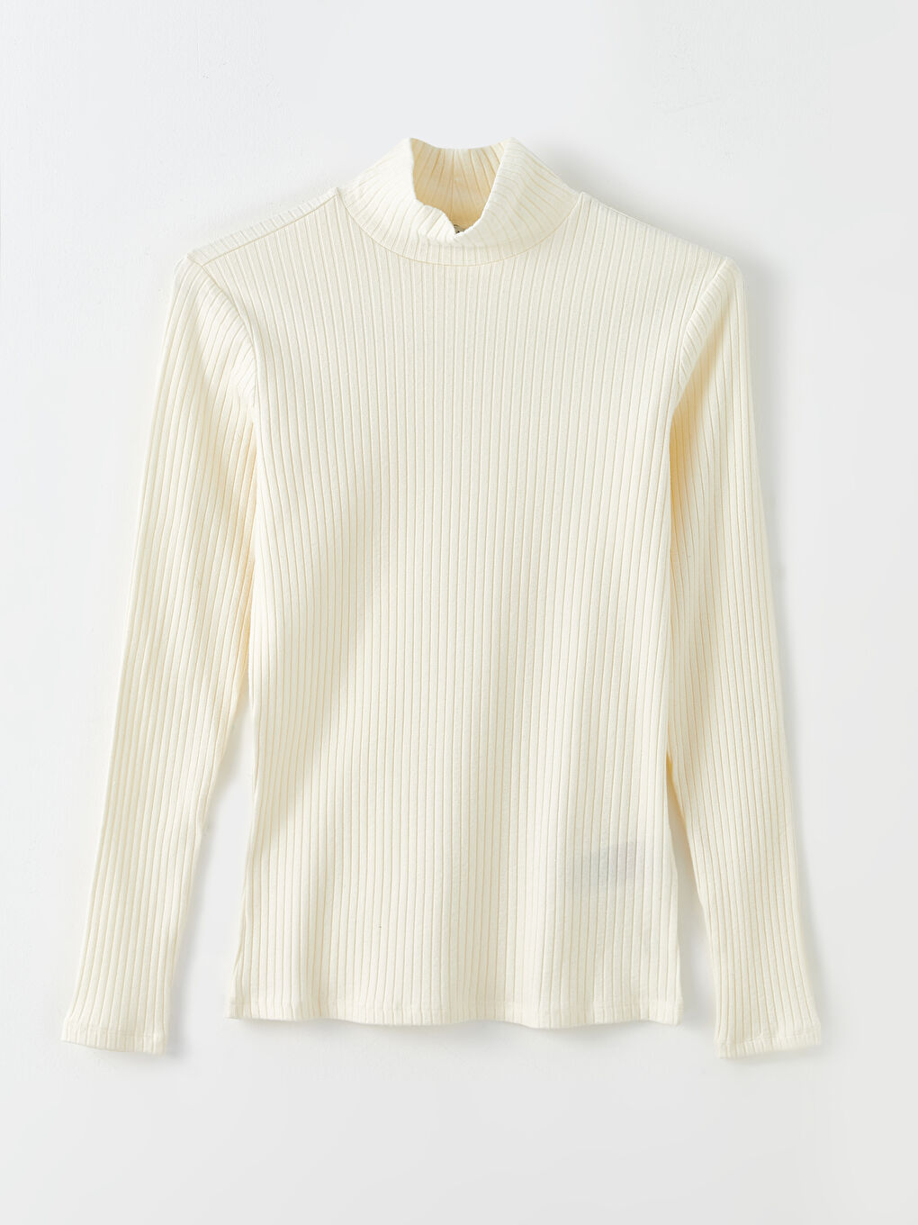 Ekru Dik Yaka Düz Uzun Kollu Kadın Body-5