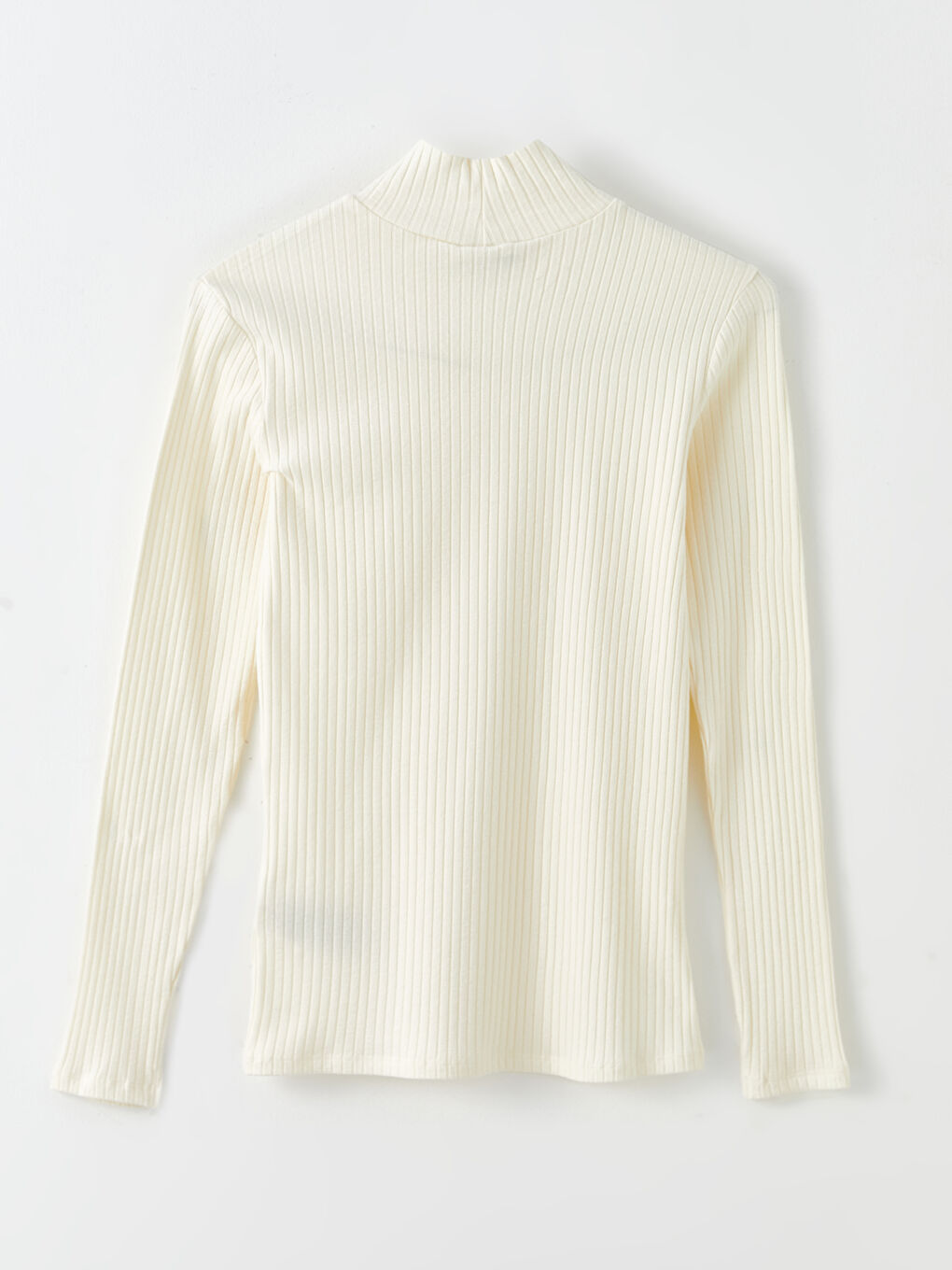 Ekru Dik Yaka Düz Uzun Kollu Kadın Body-6