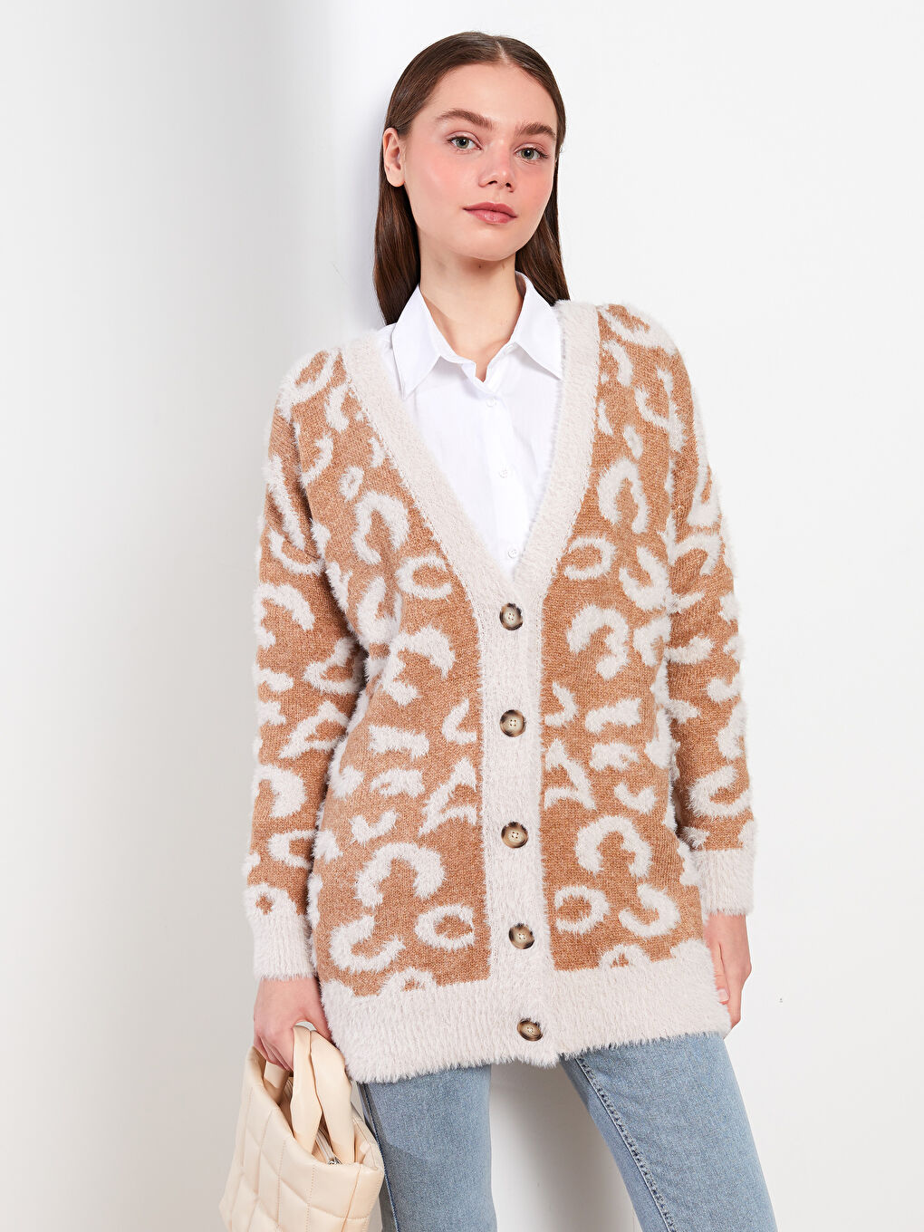 V Neck Patterned Women's Knitwear Cardigan-1