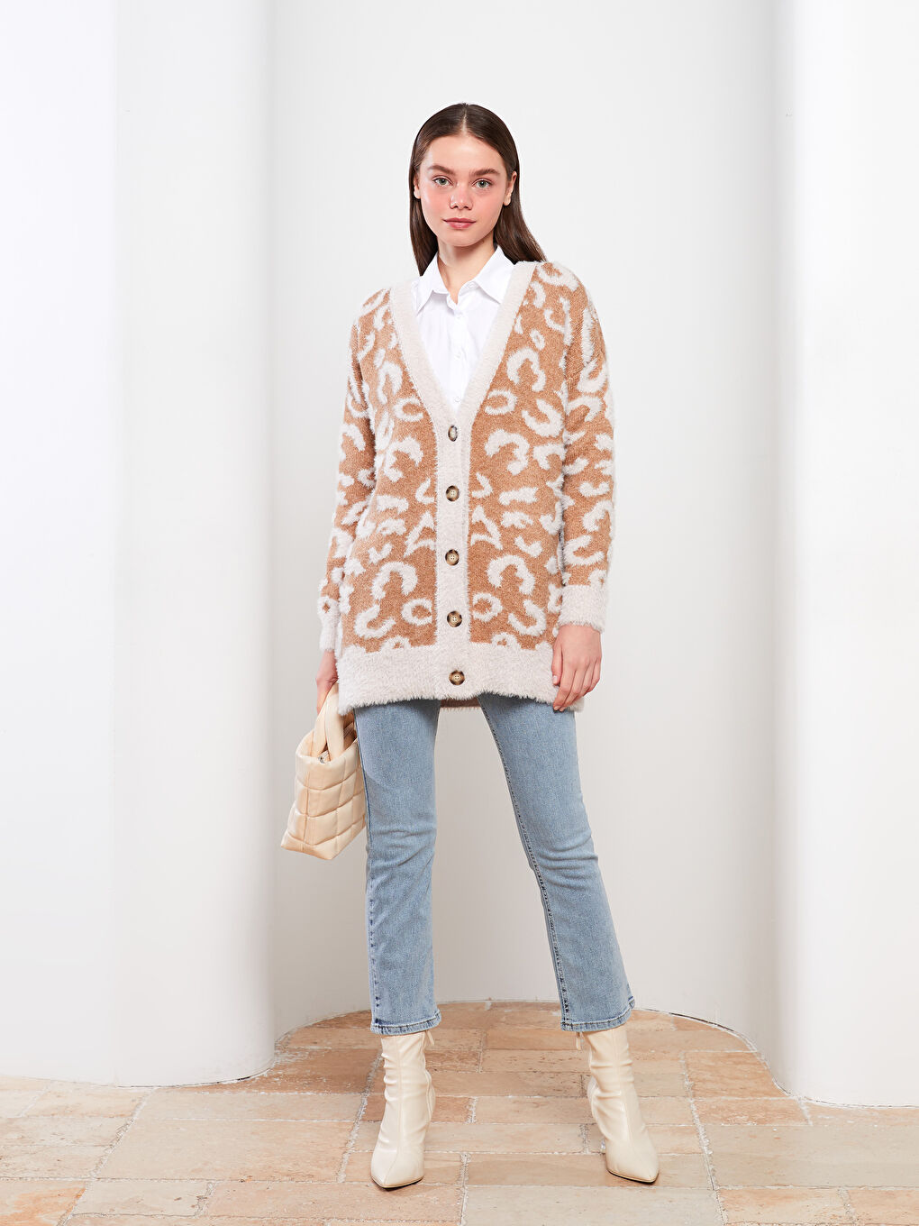 V Neck Patterned Women's Knitwear Cardigan-2