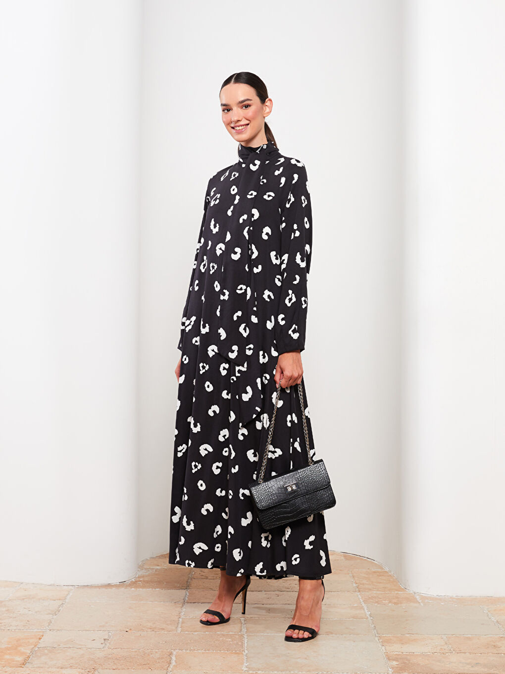 Tie Collar Patterned Long Sleeve Viscose Women's Dress