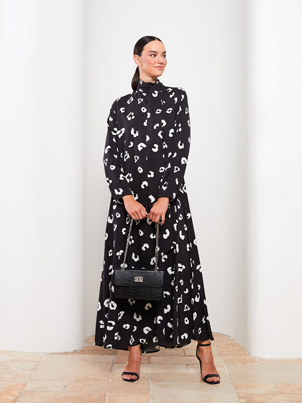 Tie Collar Patterned Long Sleeve Viscose Women's Dress-1