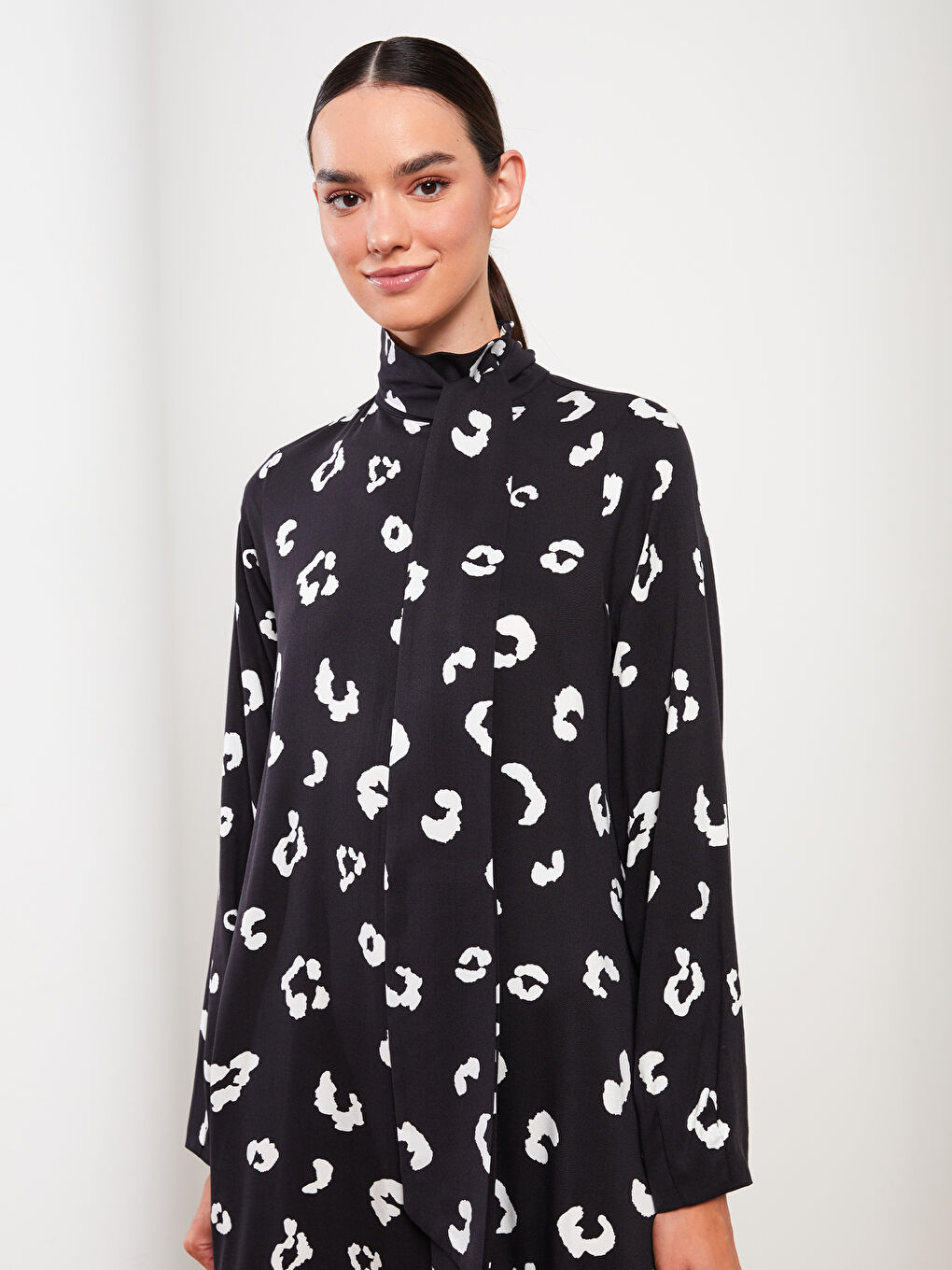Tie Collar Patterned Long Sleeve Viscose Women's Dress-2